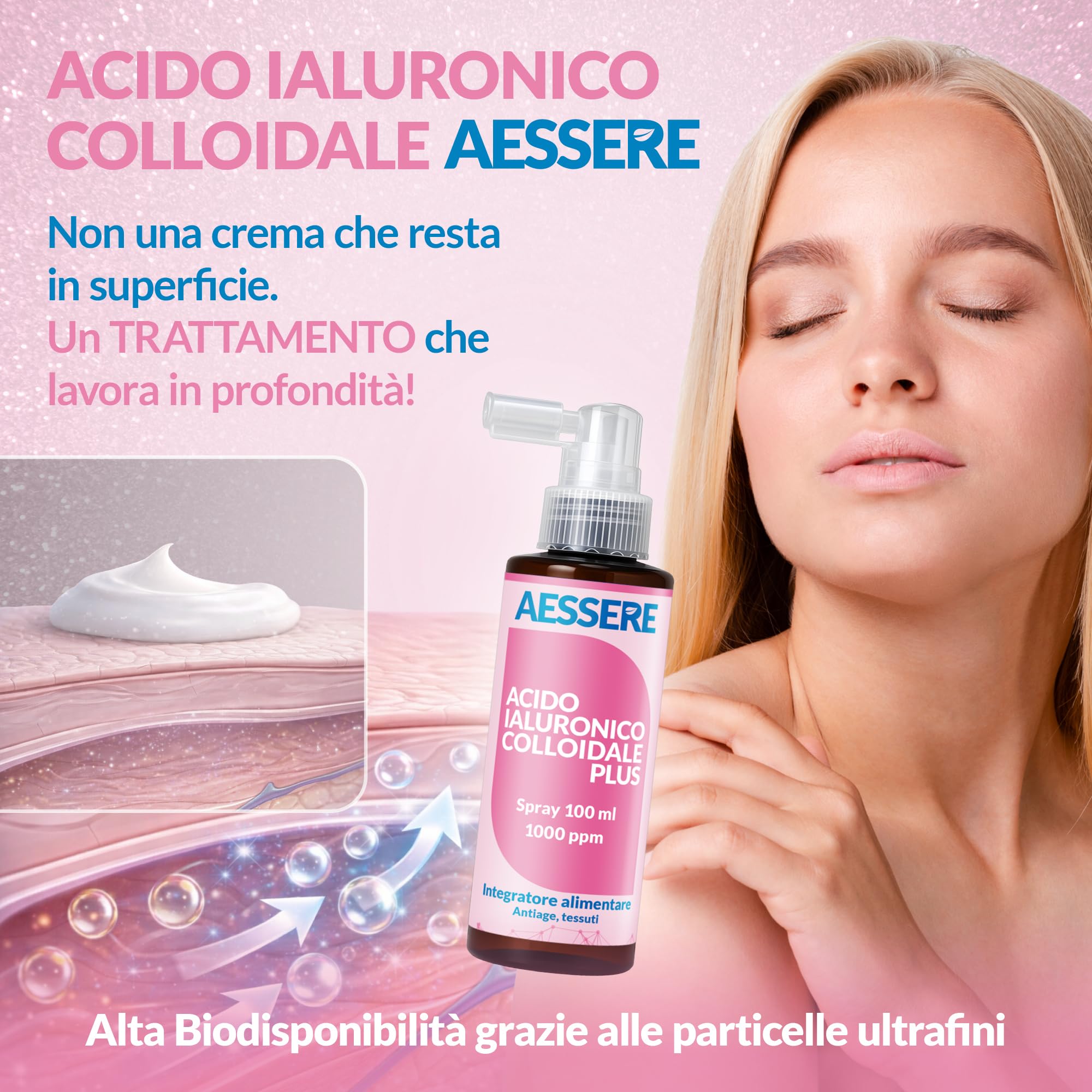 Acido Ialuronico Colloidale Spray - Formula Innovativa ad Alta Biodisponibilità, Integratore Pelle e Viso per un’idratazione Profonda - Made in Italy - 100ml Aessere