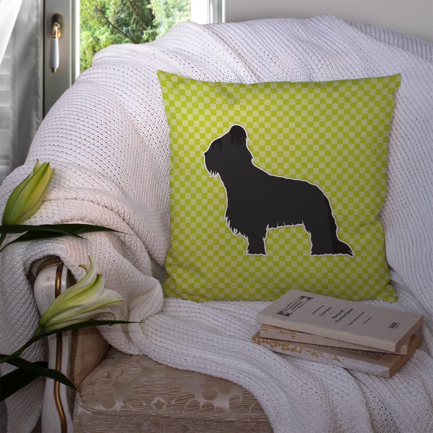 Caroline's Treasures BB3826PW1414 Briard Checkerboard Green Fabric Decorative Pillow Machine Washable, Indoor Outdoor Decorative Pillow for Couch, Bed or Patio, 14Hx14W