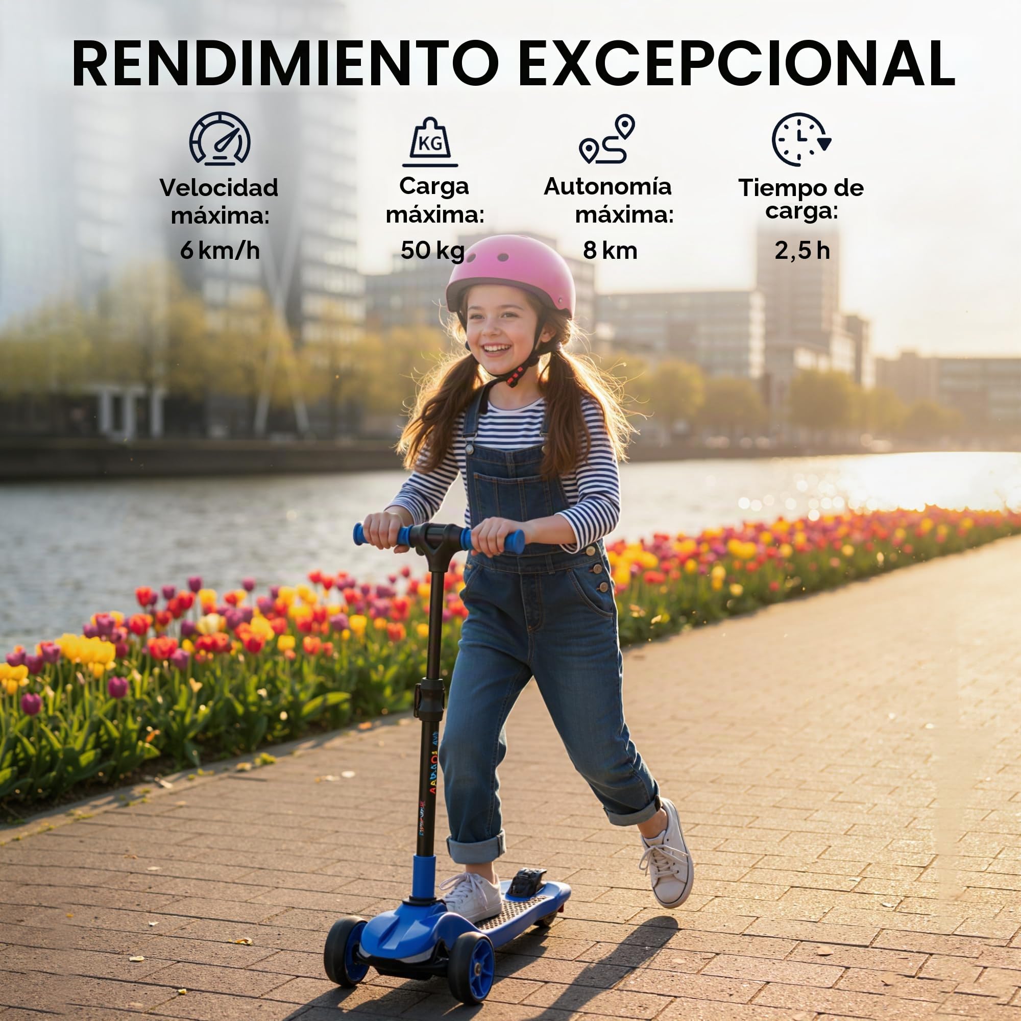 AIYAPLAY Patinete eléctrico para niños Plegable, Patinete eléctrico 6+ Años, 3 Ruedas, arranque cero, velocidad máxima 8 km/h, luces LED coloridas, autonomía 8 km, freno de pie, azul