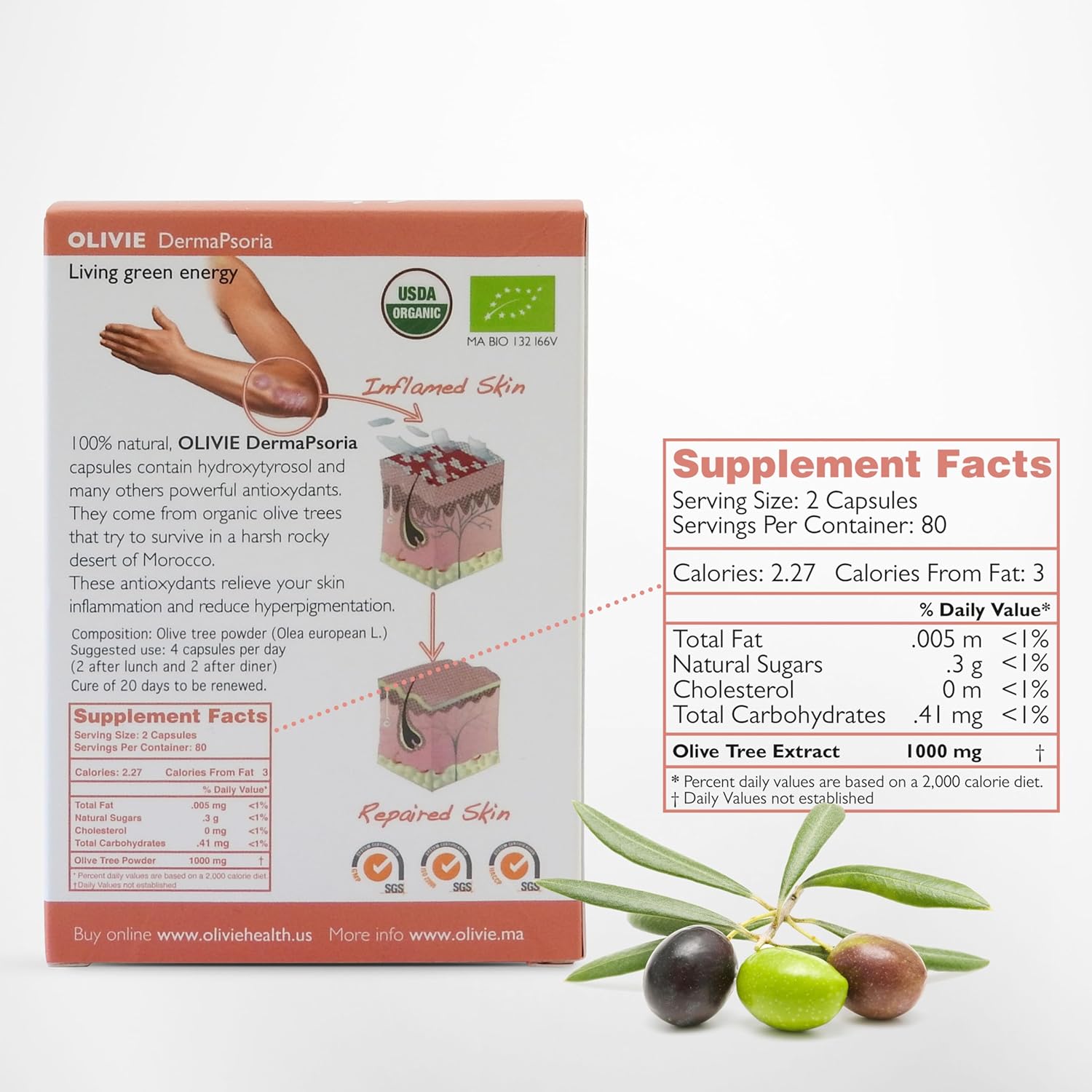 Organic Olive Leaf Extract Supplement for Women and Men by OLIVIE | DermaPsoria Supplement for Psoriasis, Eczema, Hyperpigmentation | Olive Oil Capsules | Antioxidant Polyphenols | 80 Vegetal Capsules - Image 3