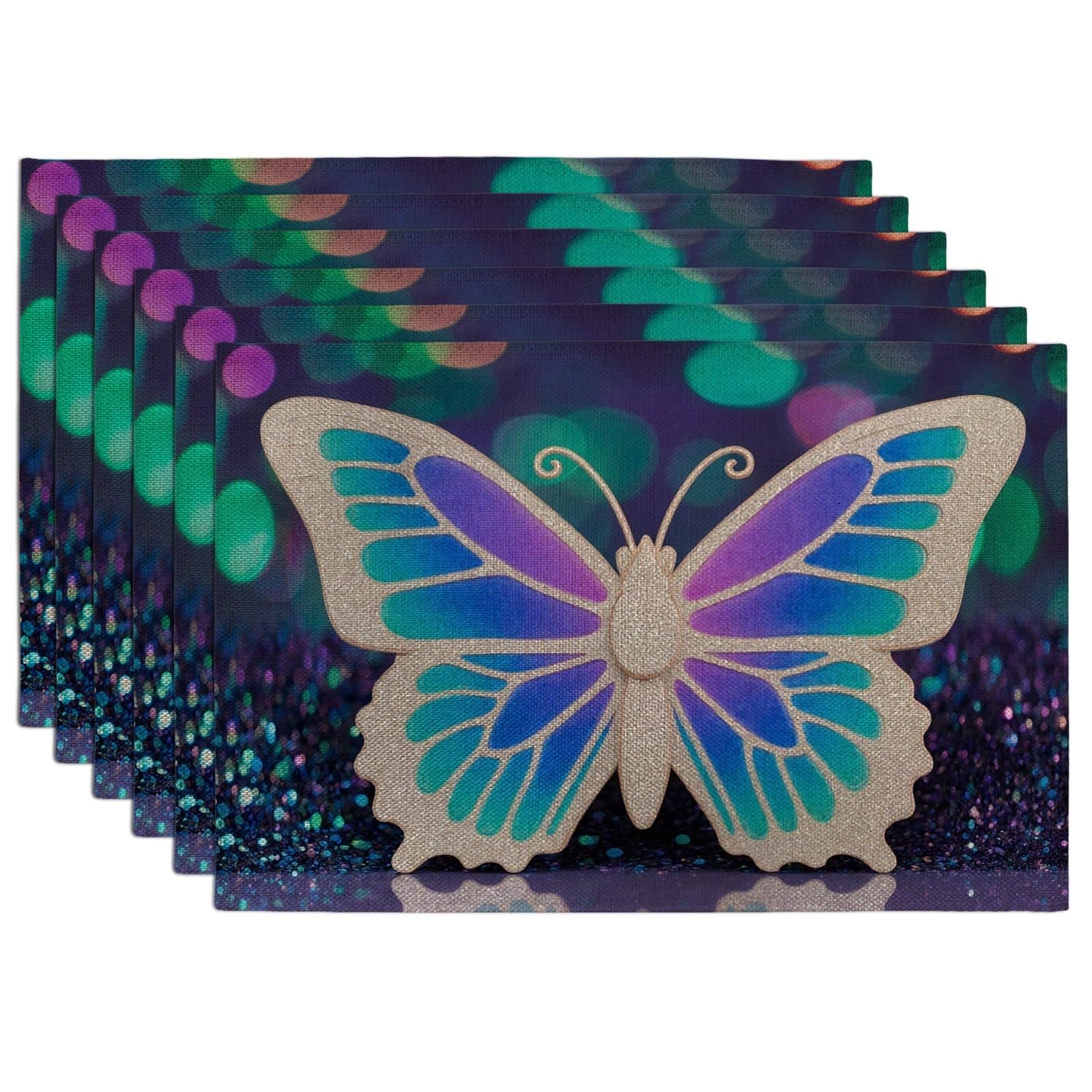 Butterfly Placemats, Colorful Glittery Decorative Place mats for Dining Table, Vibrant Indoor Outdoor Kitchen Party Decorative Placemat Set of 6