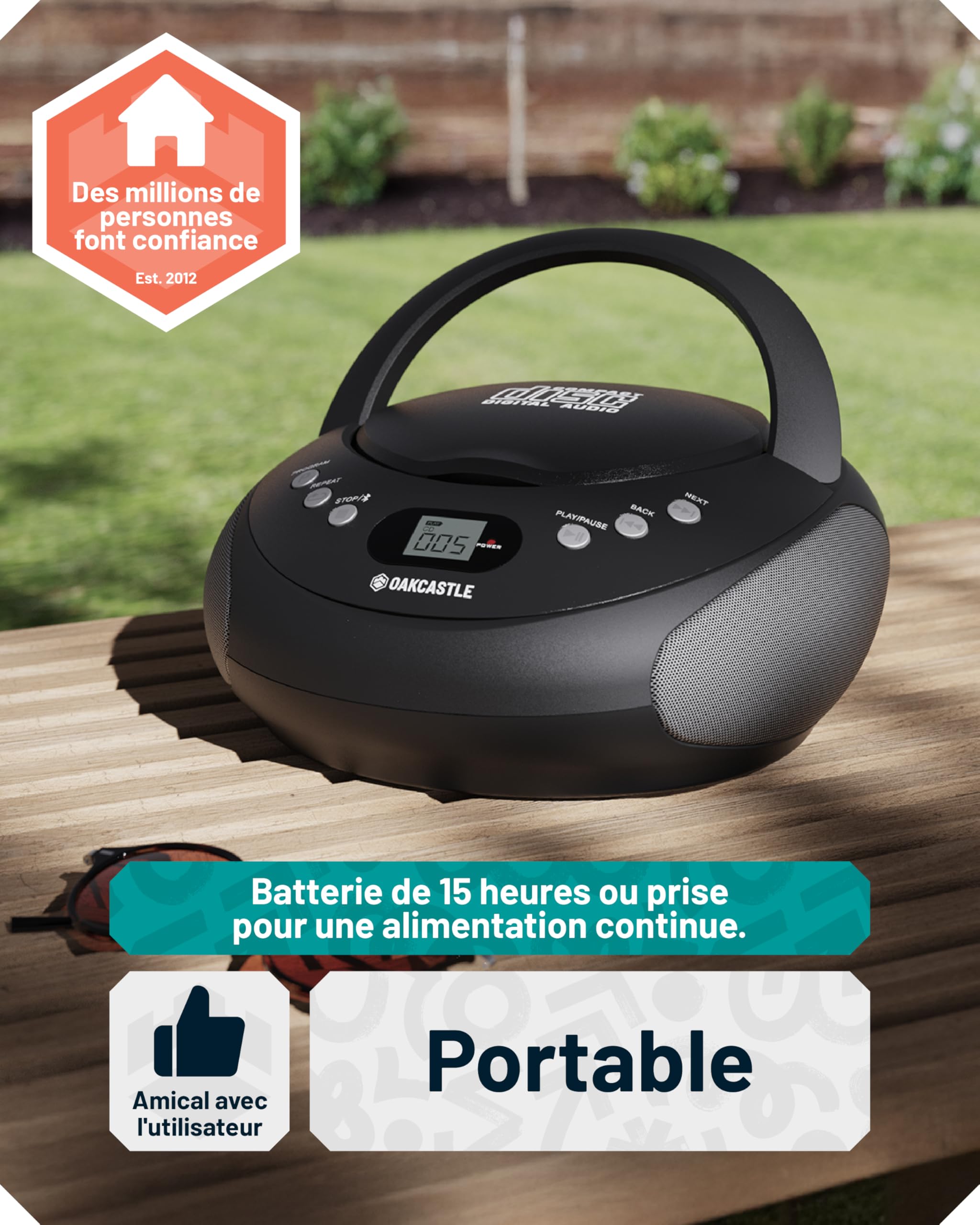 Boombox CD Bluetooth Portable avec Radio FM | CD, CD-R, CD-RW | 30 présélections | Commandes faciles, écran LED, Prise Casque | OAKCASTLE CD250 (Noir)