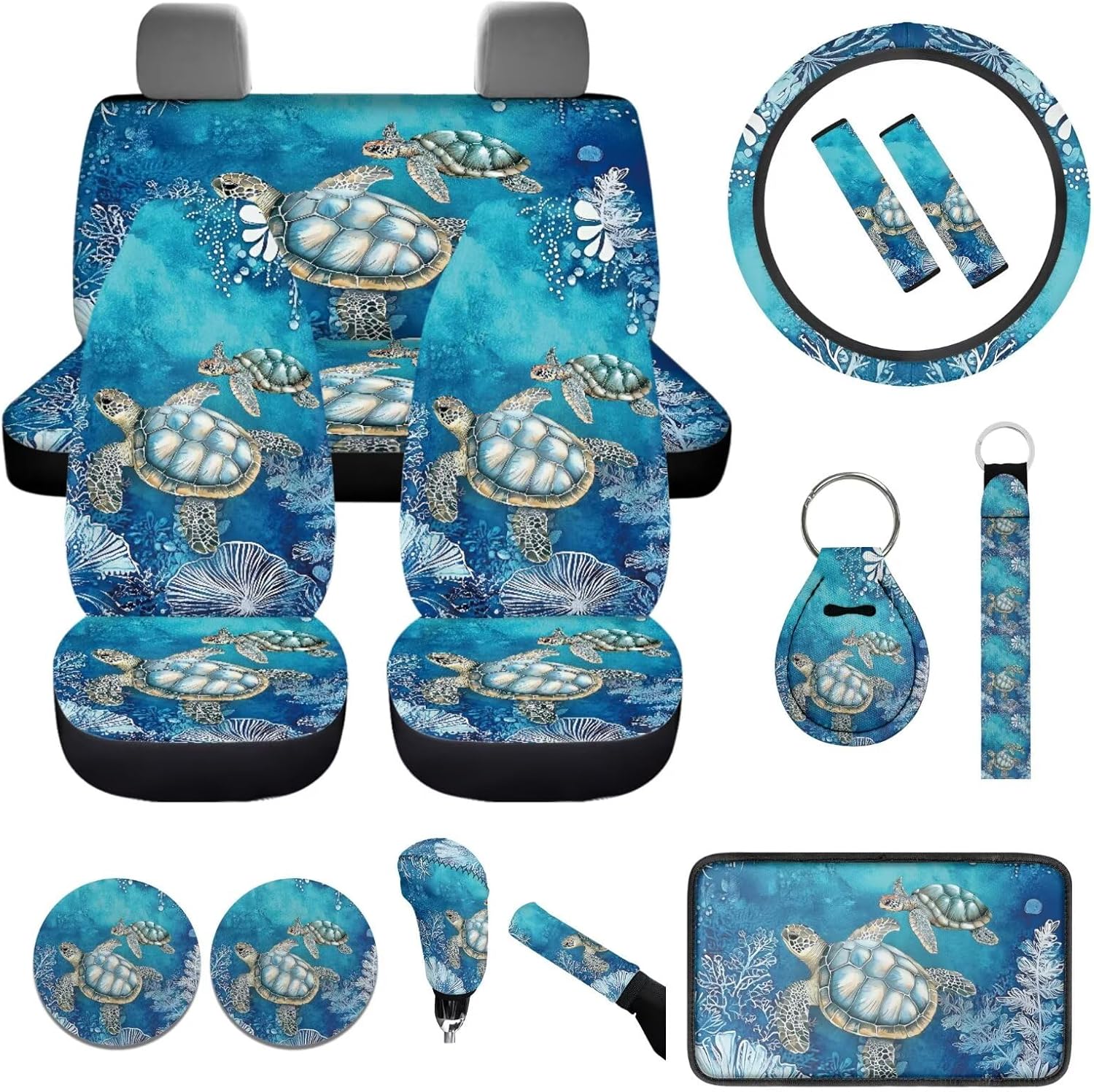Boho Sea Turtle Car Interior Accessories 14 Pack Turtle Car Seat Covers Full Set for Front Rear Women Cute Auto Seatbelt Pads Cup Coaster Armrest Cover