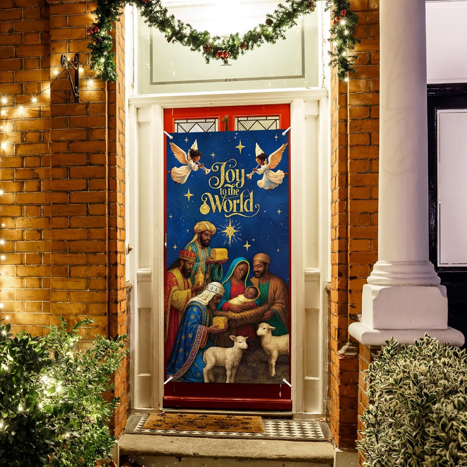 Peryiter African American Religious Christmas Door Cover Decorations Black Nativity Scene Christmas Fabric Door Decor Porch Sign Holy Night Banner Backdrop for Winter Holiday Xmas Home Party Supplies - Image 5