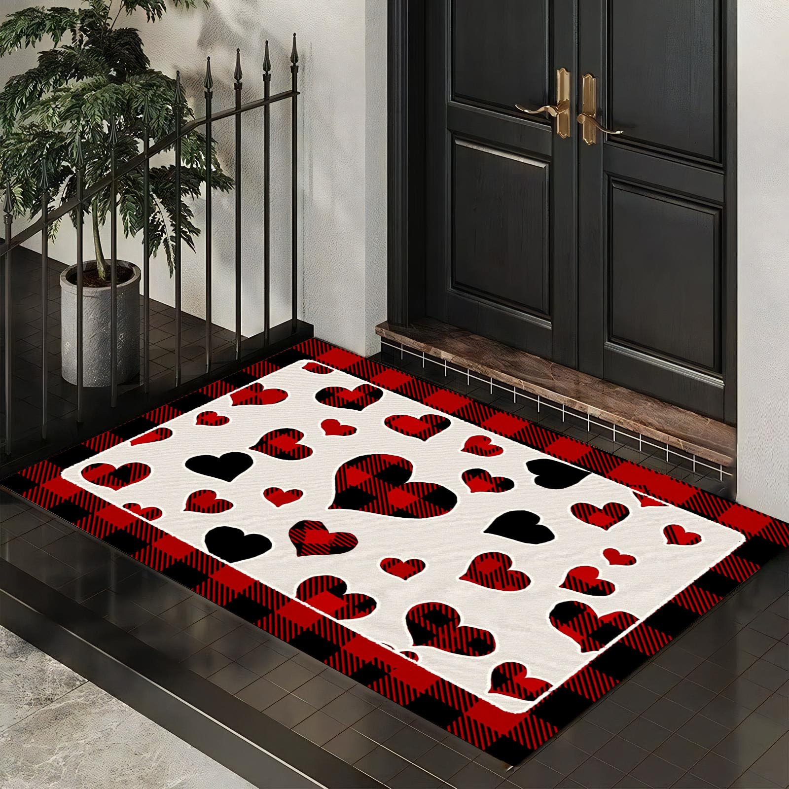 Schmutzfangmatte Innen, Retro-Büffelkaro-Herz Waschbarer Fussmatte, Dünne Fussmatte, Geometrisches Land Teppiche Niedriger Flor rutschfest Für Flur Eingangsbereich, 90X150Cm, Rot Schwarz