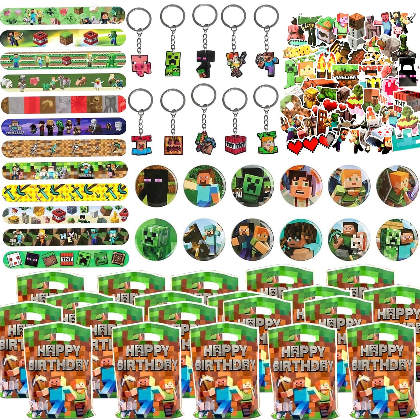 98 PCS Gaming Party Bag Fillers Gamer Party Favours with Gaming Keychain Party Bags Button Stickers Miner Party Supplies Goodie Bag Fillers for Kids Boys (Green-2)