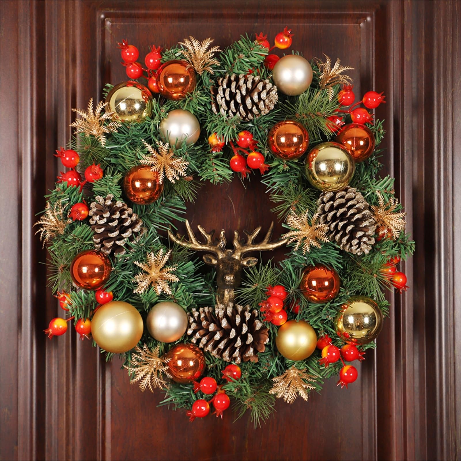 Winterkranz Dekokranz Weihnachtskranz Mit Beeren, Tannenzapfen Und Hirschkopf-Dekoration for Tür Und Fenster Adventskranz Christbaumschmuck