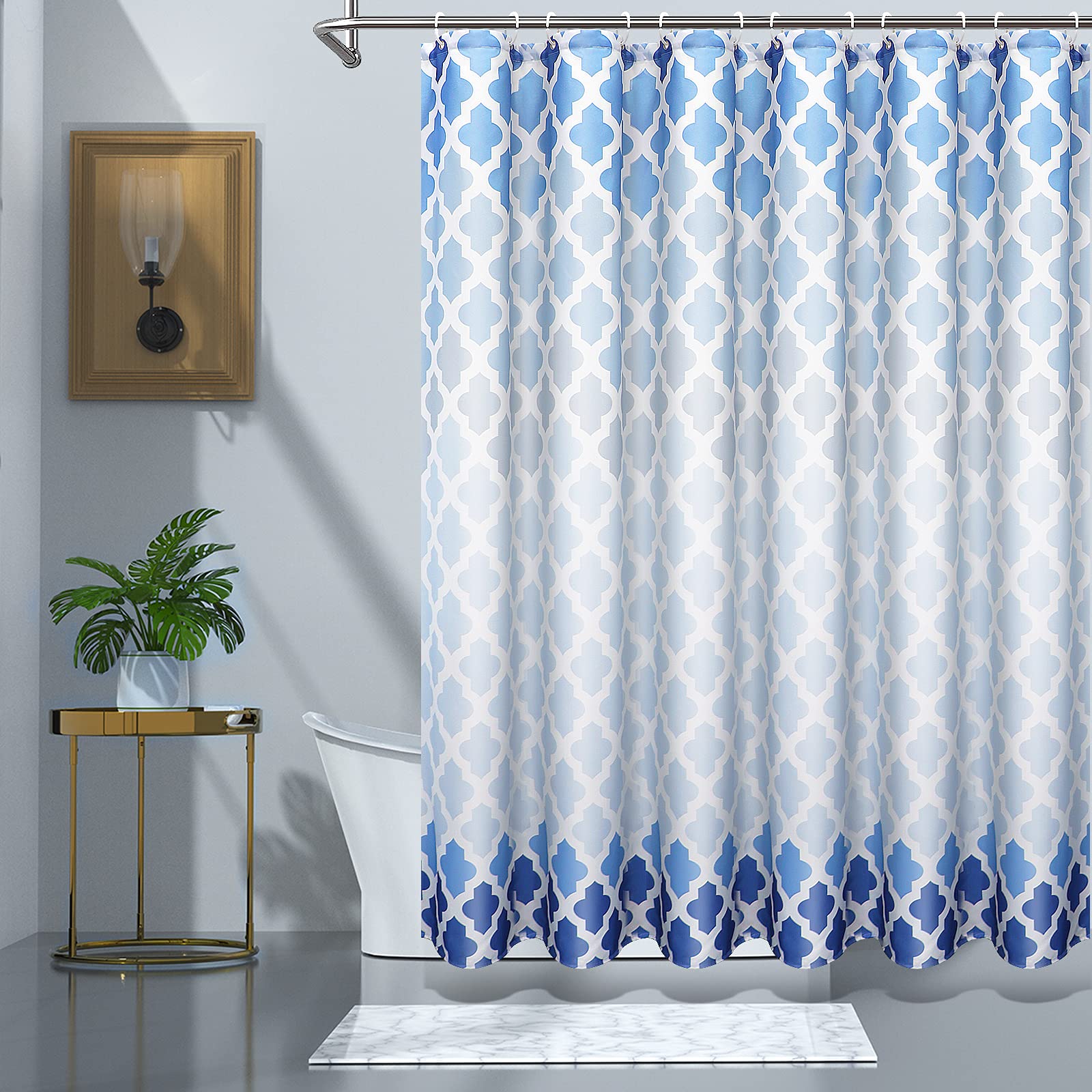 ANYEV Fabric Shower Curtain for Bathroom, Quick-Drying Durable and Washable Waterproof Polyester Fabric 72" x 72" (Blue White)