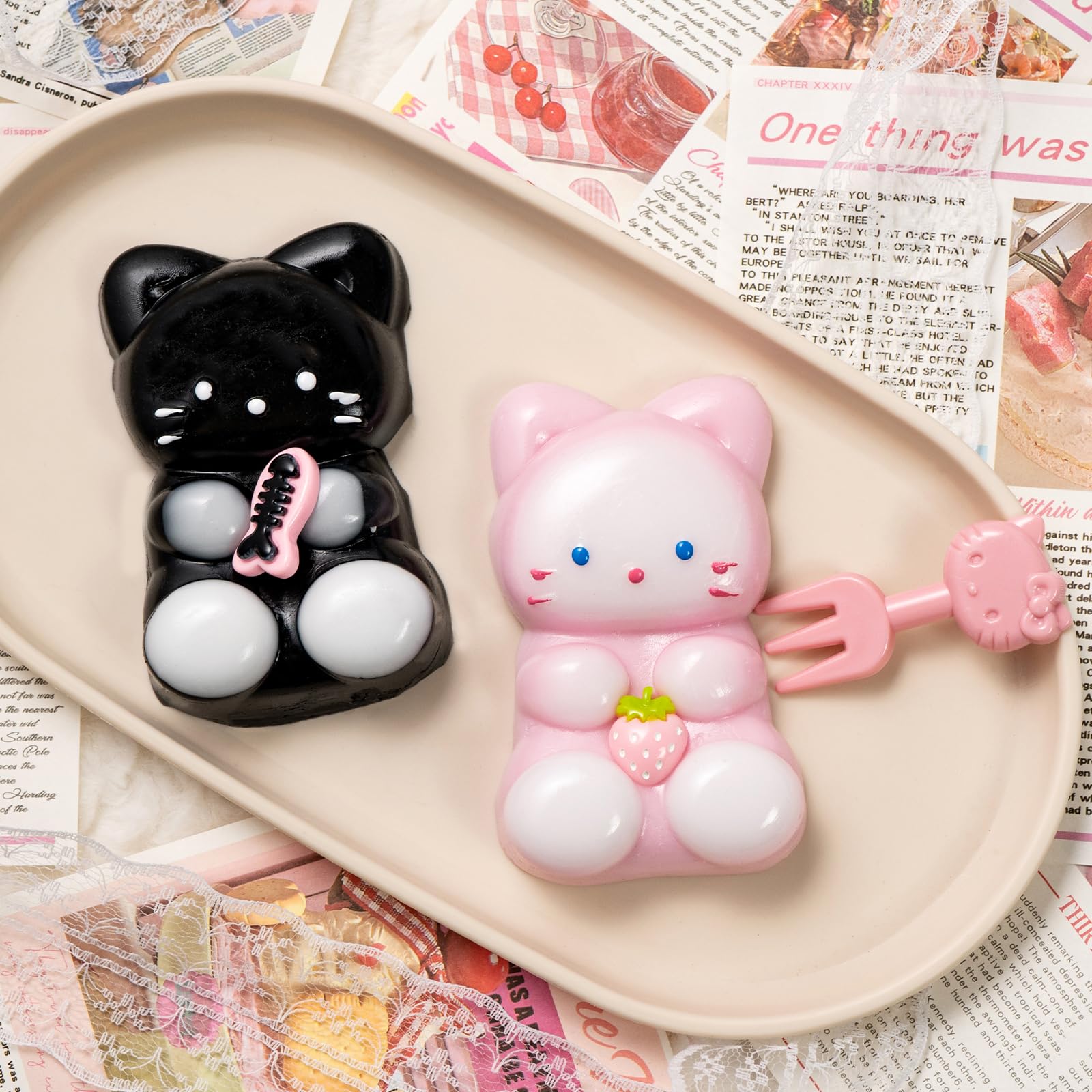 2pcs Big Squishy Cat Squeeze Toys, Kawaii Handmade Taba Squishies Toys Party Favors, Large Black Pink Kitty Squishy Sensory Fidget Toy Stress Relief for Adults