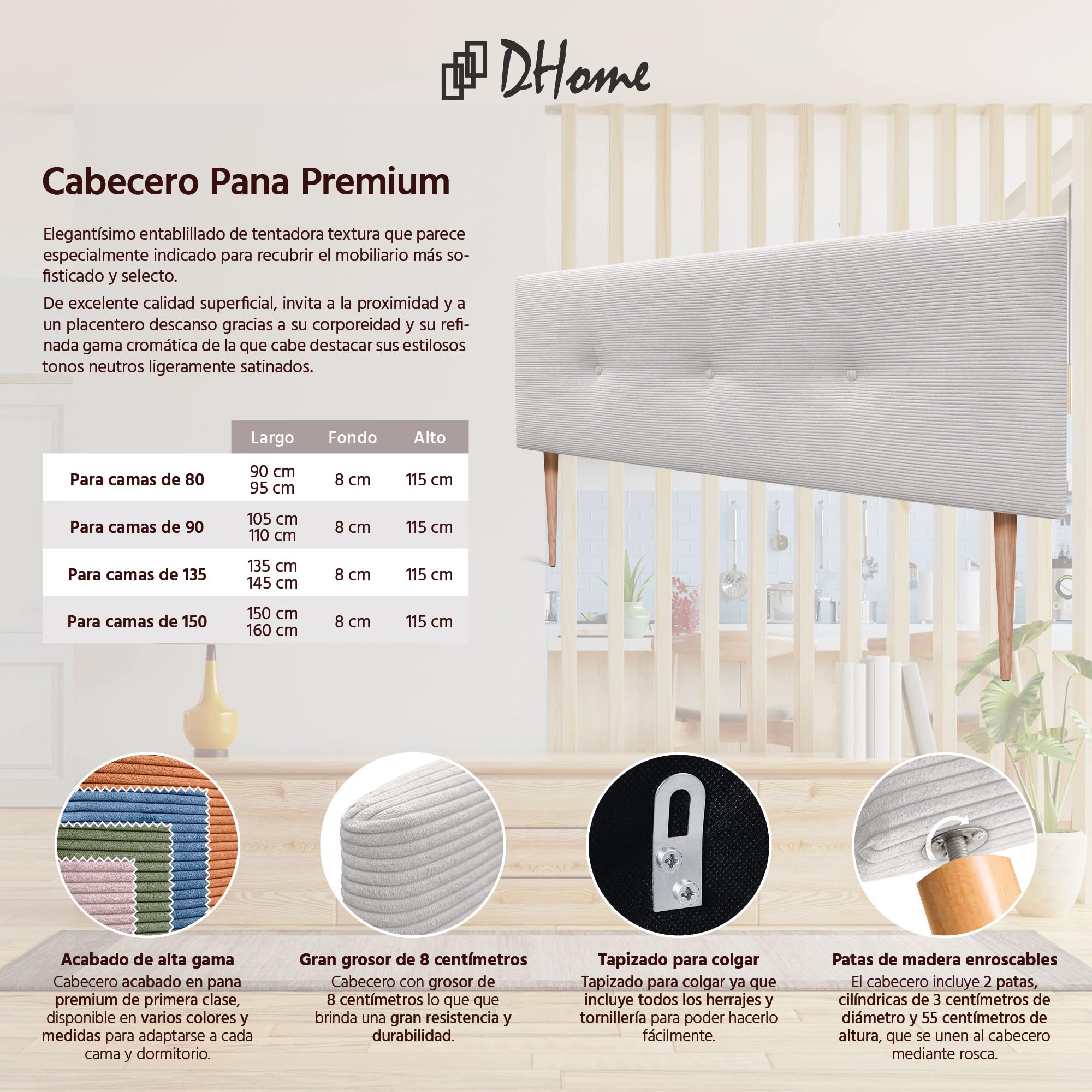 DHOME Tête de Lit en Velours cótele Unie avec Boutons et Pieds Haut de Gamme Moderne Tête de Lit Capitonnée Lit de Luxe Chambre Rembourrée (Blanc OS, 160cm)