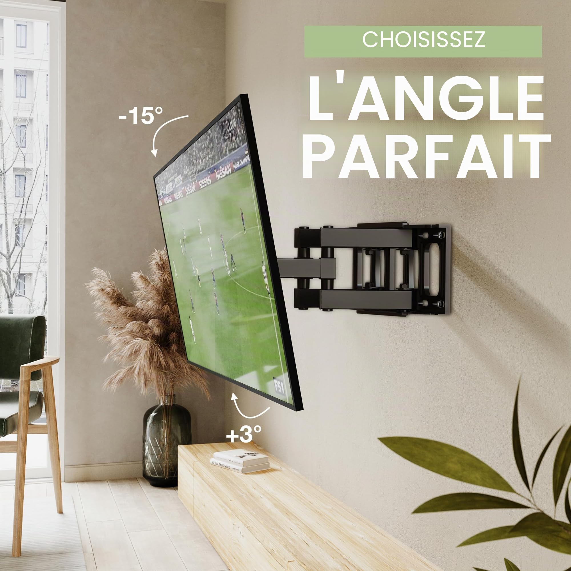 Support Mural TV, Inclinable et Orientable Support TV pour écrans 32-65 Pouces jusqu'à 40Kg -VESA 400 x 400 mm