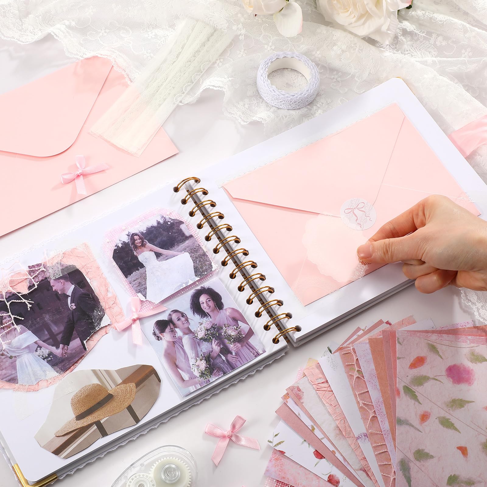 Humyoun Libro de invitados de boda con letras a la novia, álbum de recuerdos de boda, álbum de recortes, álbum de fotos, letrero de invitados con calcomanías de perlas (8.5 x 7 pulgadas, lazo, rosa)