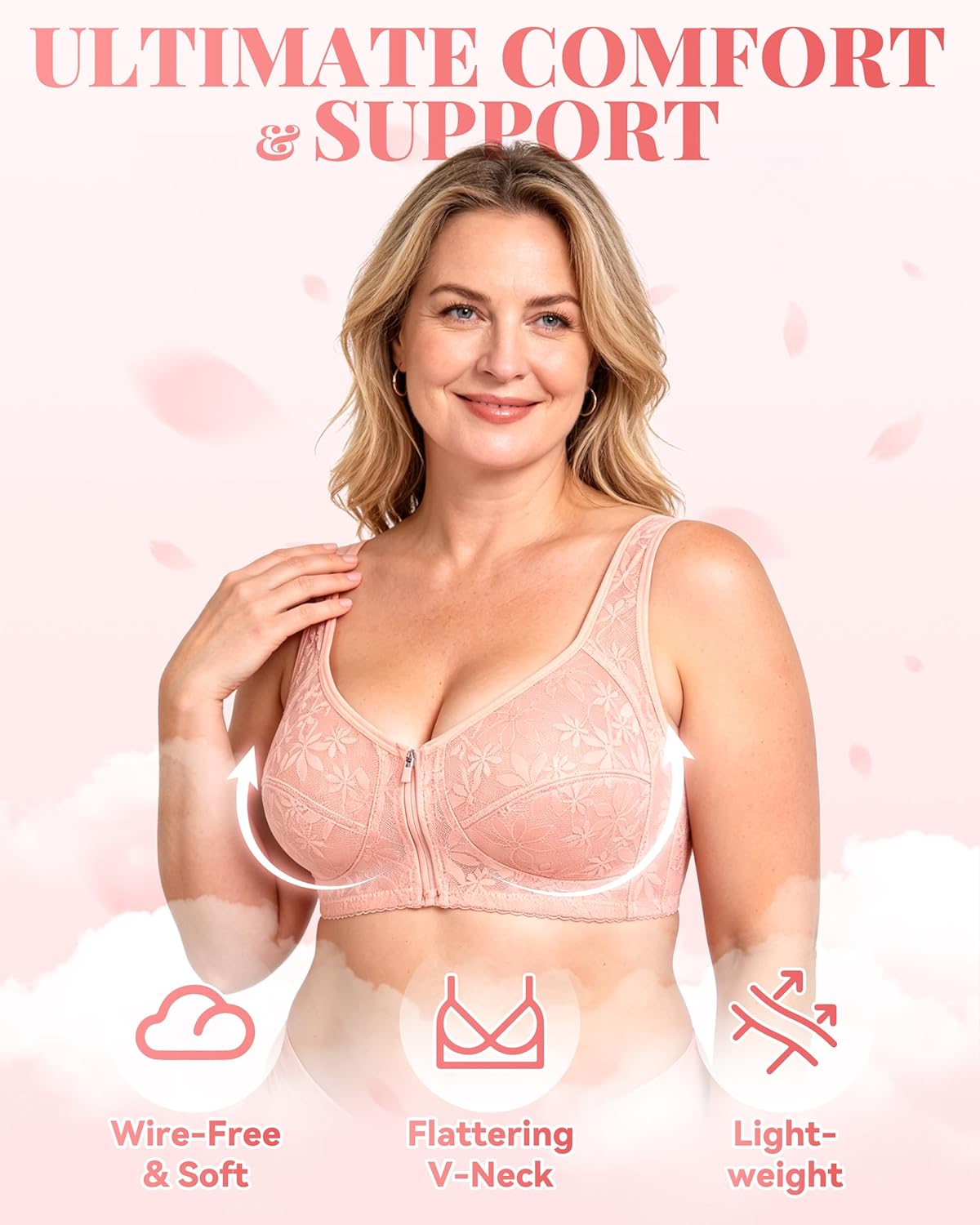 Ultimate Lifting Bounce Control Front Zipper Bra, Wireless Comfy Soft, Bra Front Zipper Adjustable Straps