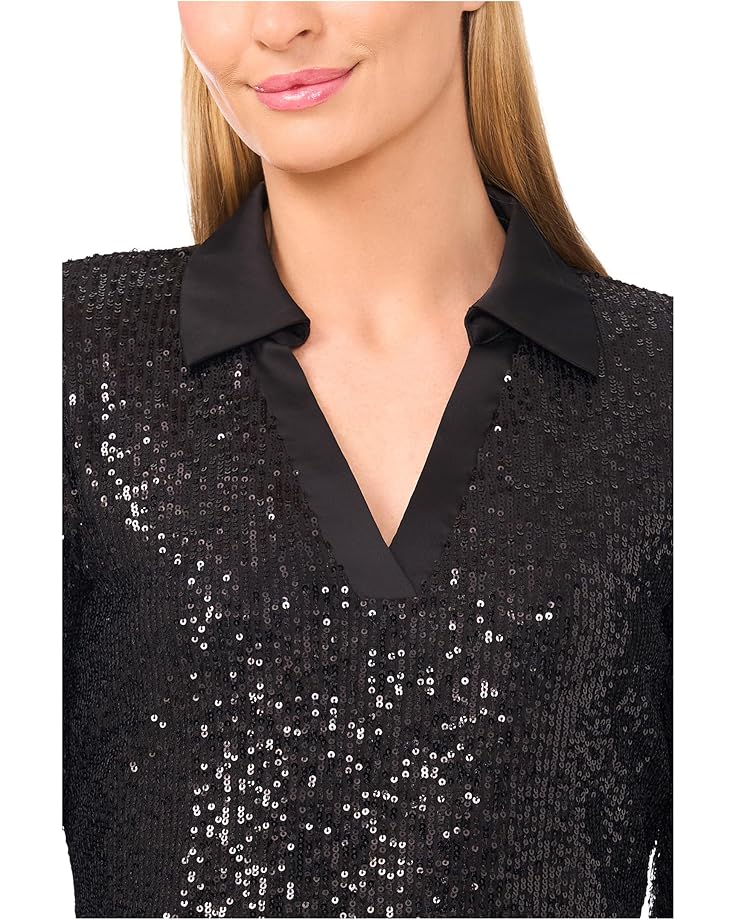 CeCe Long Sleeve Sequin Polo Top - #3 of 3