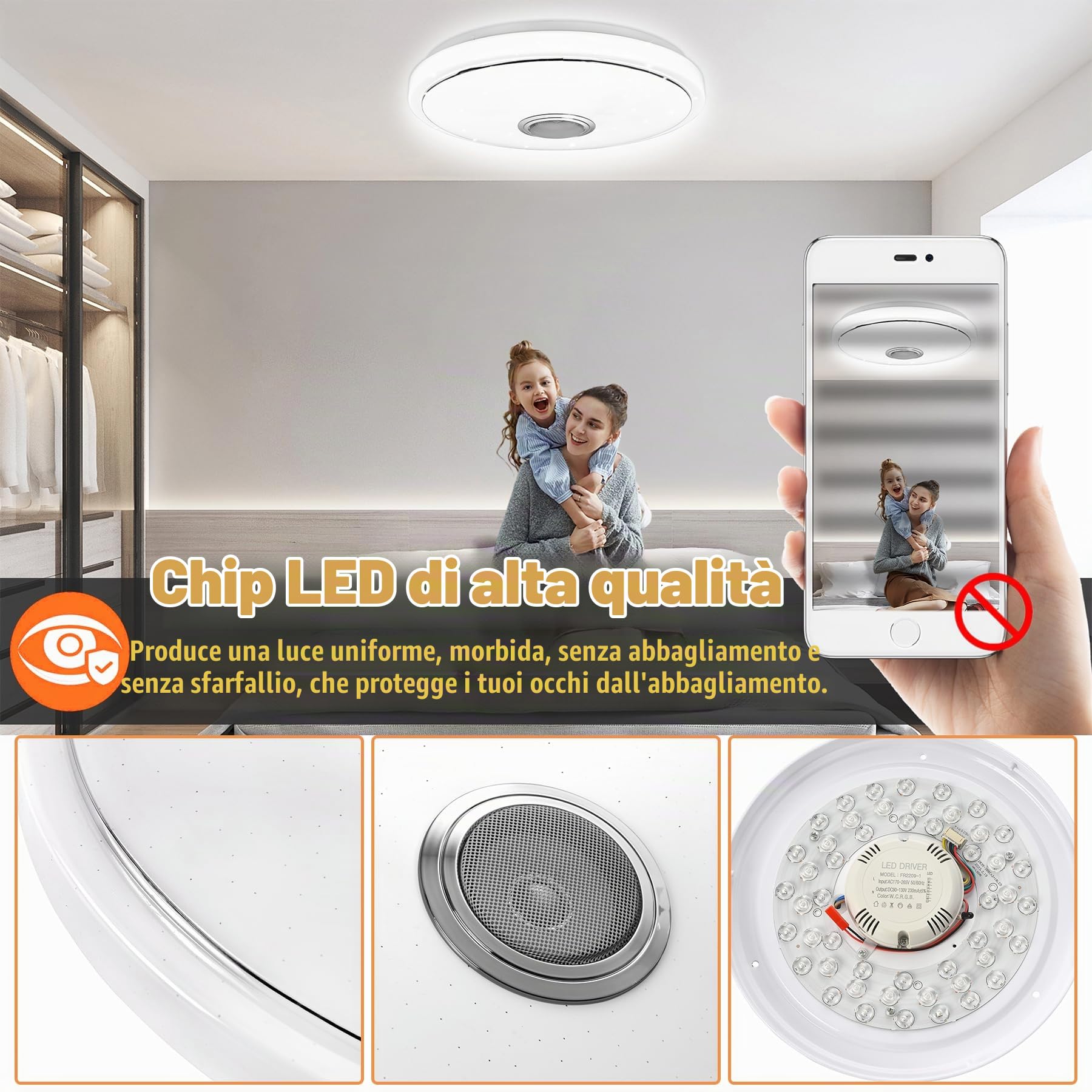 Froadp Lampada da soffitto a LED da 48 W, dimmerabile, con telecomando, altoparlante Bluetooth e controllo APP, 40 cm, rotonda, per camera da letto, soggiorno, cucina, cameretta dei bambini