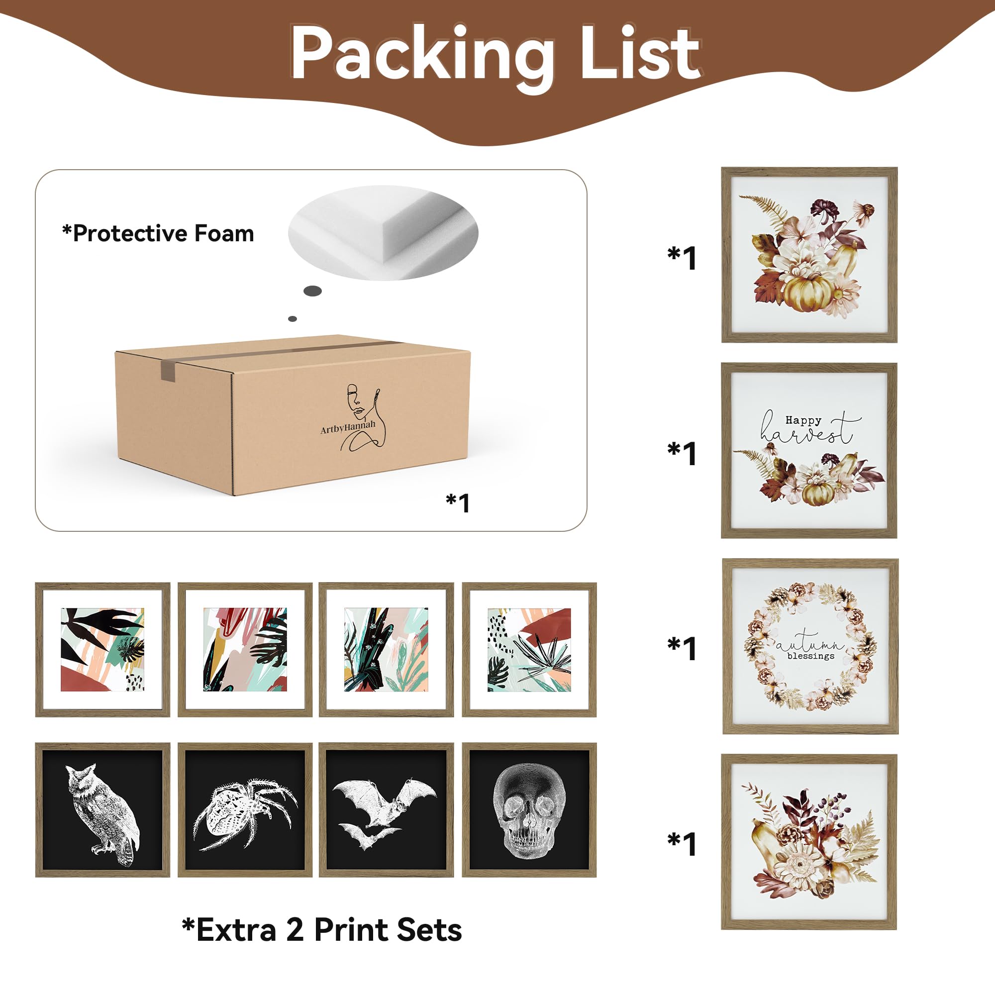 ArtbyHannah Fall Wall Art Decor for Indoor Decorations Framed with Autumn Harvest Thanksgiving Pumpkin Prints, Extra Halloween Prints Decorations for Home, 4 Pack 10x10 Inch Walnut Frame