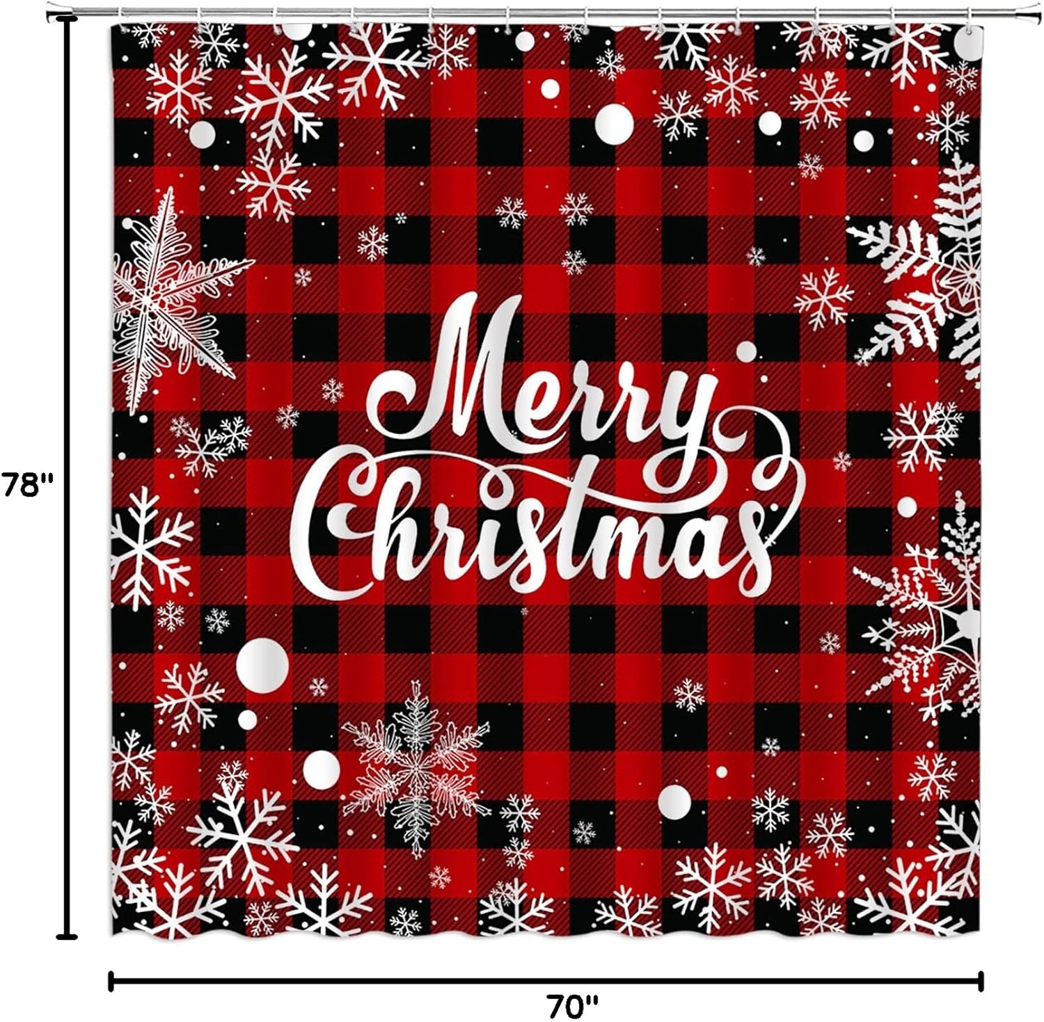 Merry Christmas Shower Curtain Red Black Buffalo Plaid Vintage Winter Snowflake Rustic Farmhouse Xmas Happy New Year Fabric Bathroom Decor Set with Hooks（78" Wx70 H）