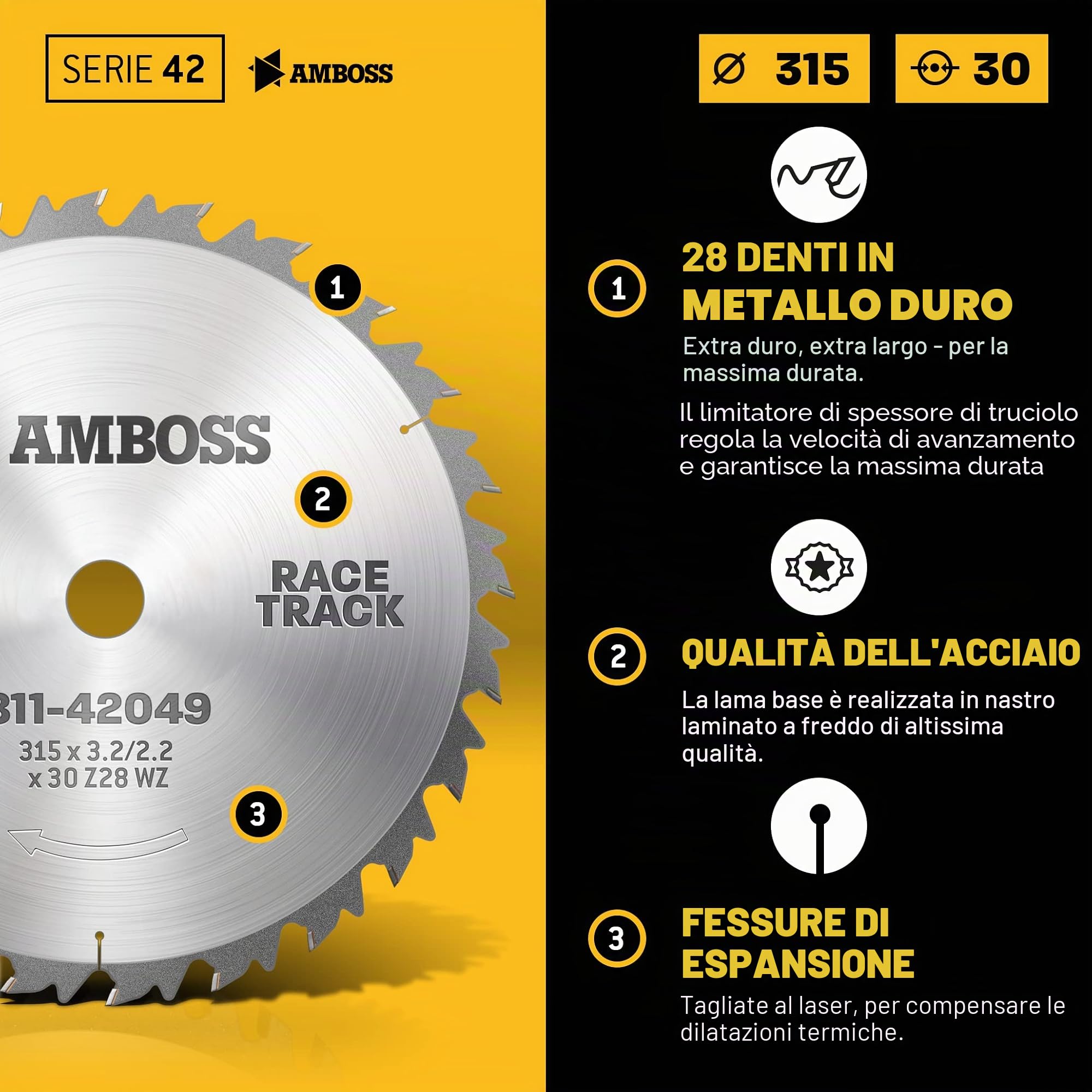 Amboss HM, lama per sega circolare, Ø 315 mm x 3,2 mm x 30 mm, dente del cambio (28 denti), taglio rapido per legna da ardere e legno
