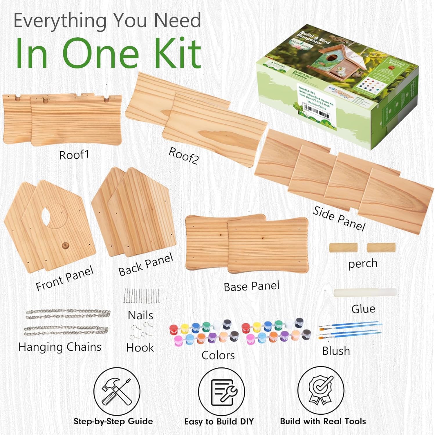 2pc DIY Birdhouse Kit, Cedar Wood Bird House Kits Bulk for Adults, Art Craft Outdoor Birdhouse, Solid Wood Weather Proof Material Painting Kit, Chain for Tree Hanging