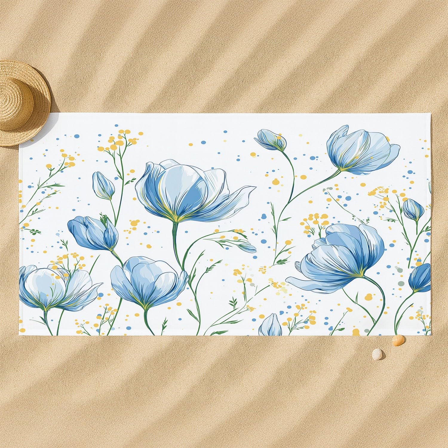 Elegant, Natürlich Strandtuch 230 x 210 cm - Strandtuch trandtuch Leichtdünn Weich Filigrane Tulpen, Wildblumen, Punkte,für Strand, Pool, Yoga, Picknick
