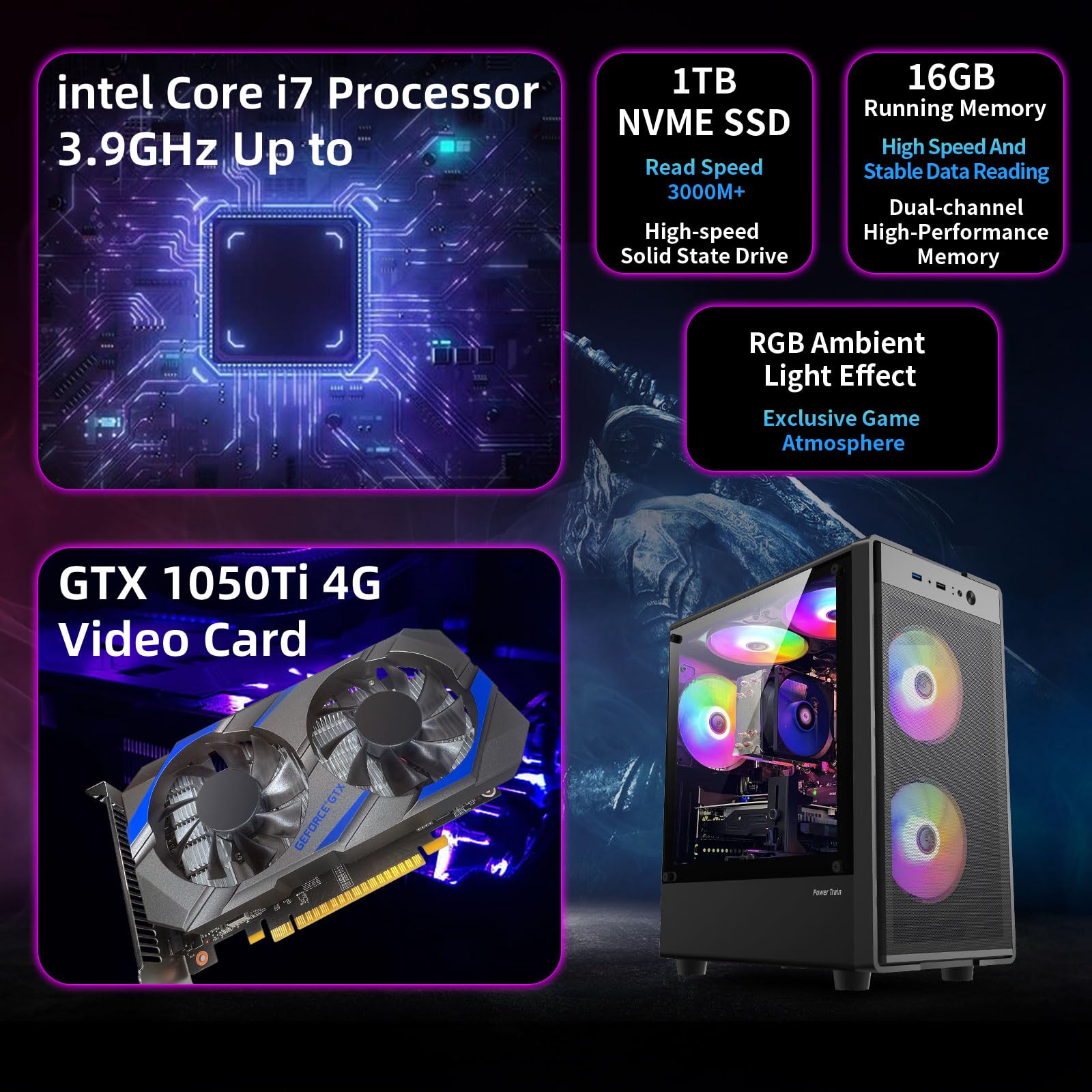 Gaming PC Desktop, Prebuilt Gaming Computer with Intel Core I7 up to 3.9 GHz, GTX 1050Ti 4G, 16G DDR4 RAM, 1TB NVME SSD, ARGB Cooling Fan,Supply WiFi Support