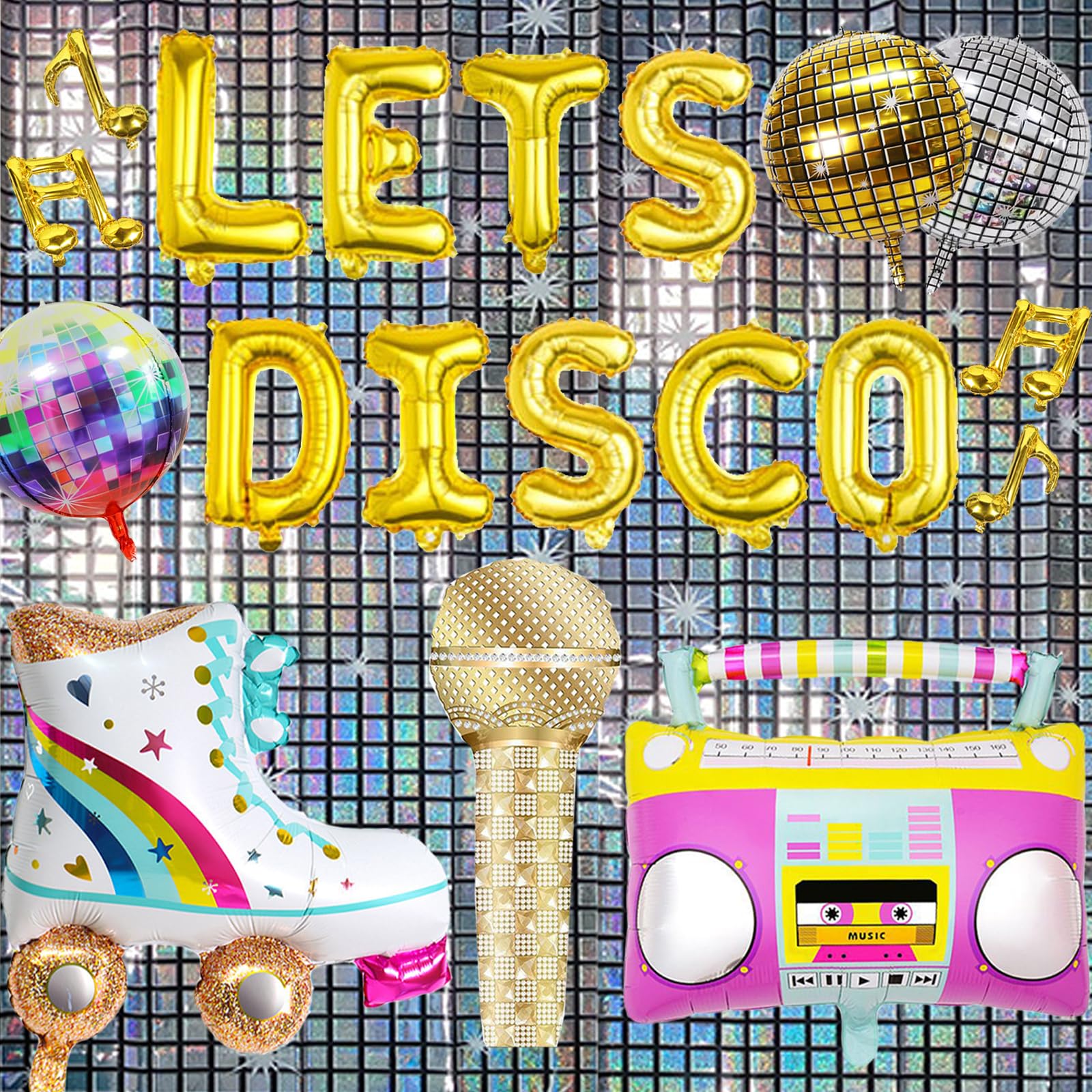 YOUYIKE Disco Ball Balloons, 21 PCS 4D Disco Foil Balloons, Radio, Microphone, Metallic Glitter Curtain