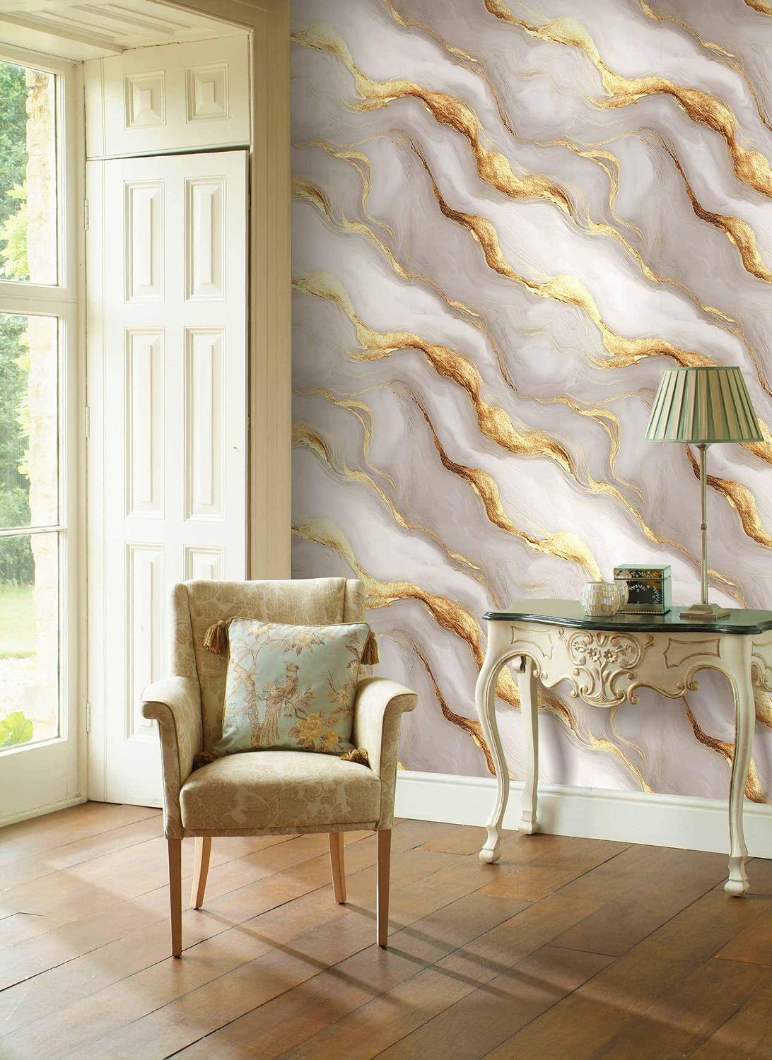 Abstract Marble Peel and Stick Wallpaper, White and Gold Wallpaper for Home Decor | Self-Adhesive, Waterproof Vinyl, 17.7" x 236"