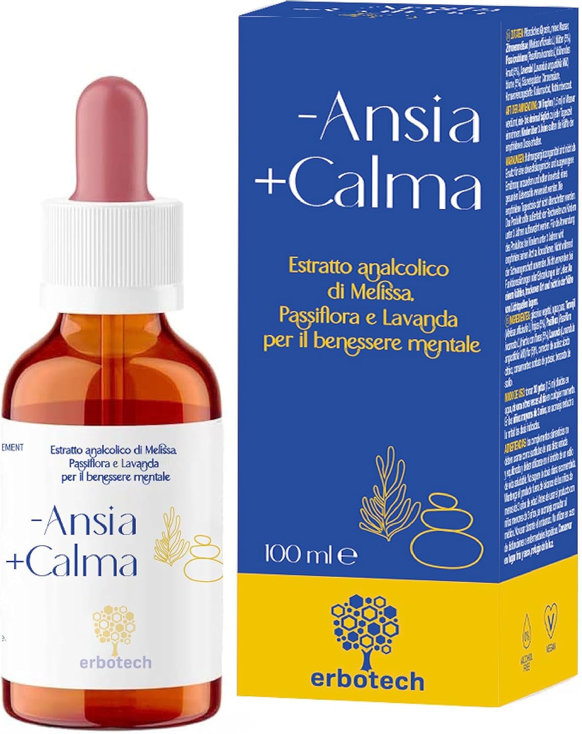 ERBOTECH, Soothing Mix-Anxiety+ Mother Tincture, Alcohol Free Dilutable Drops, Fights Anxiety and Stress and Increases Mental Well-Being, Vegan, Non-GMO, Made in Italy, 100 ml