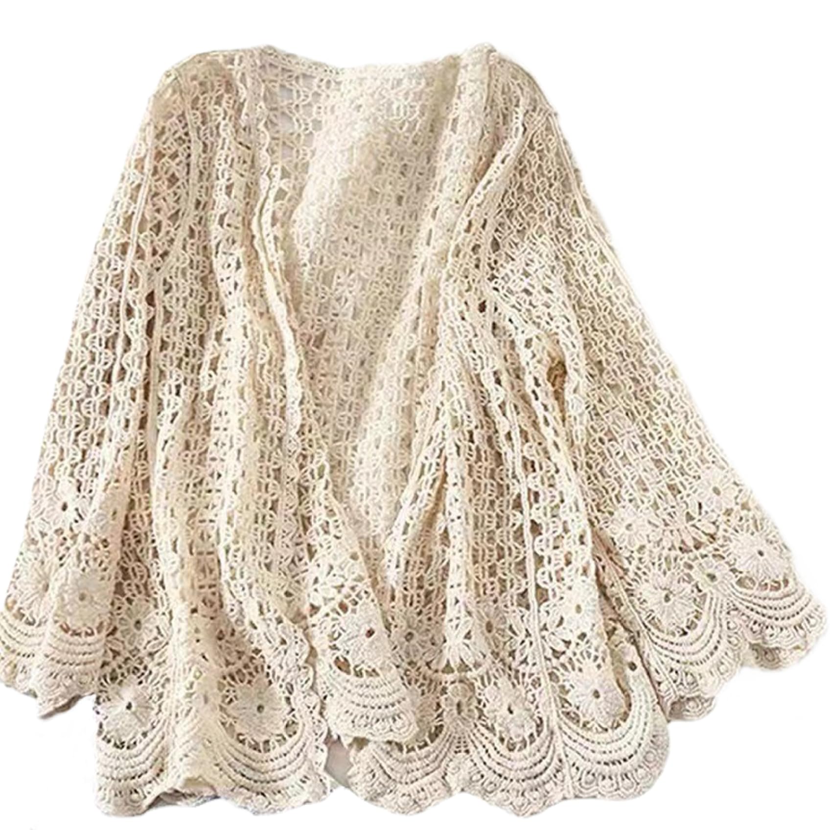 CNAFGBGG Summer Cardigans for Women Cotton Long Sleeve Hollow Out Crochet Cardigans Boho Breathable Lace Crochet knit Kimono, Suitable Weight 45-68 kg.