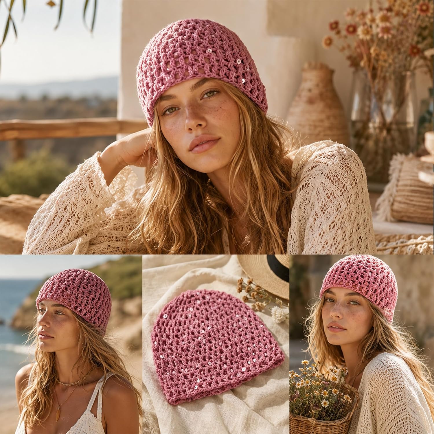 Women's Summer Glitter Sequin Beanie,Boho Hollow Out Crochet Hat for Beach,Lightweight Breathable Headwear for Women (Pink) image 5