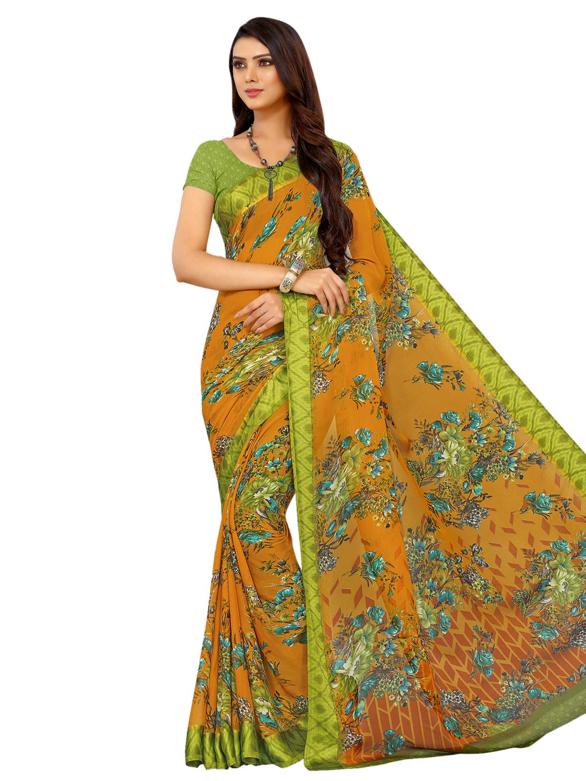 Satrani Chiffon With Blouse Piece Saree (1026St406_Yellow_One Size)