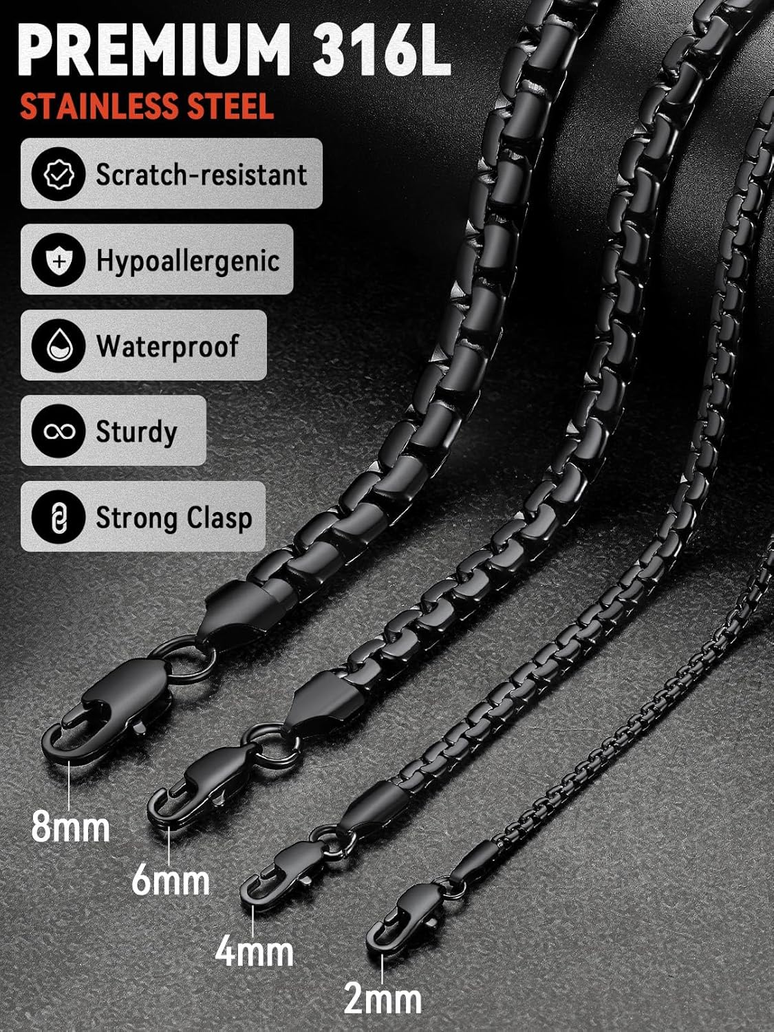 FaithHeart Mens Black/Silver/Gold Stainless Steel Flat Box Link Chain Necklace, Stylish 2/4/6/8mm Width Box Chains Necklaces for Men Non Tarnish Hip Hop Chain Jewelry Gifts,14"-30" Length - Image 4