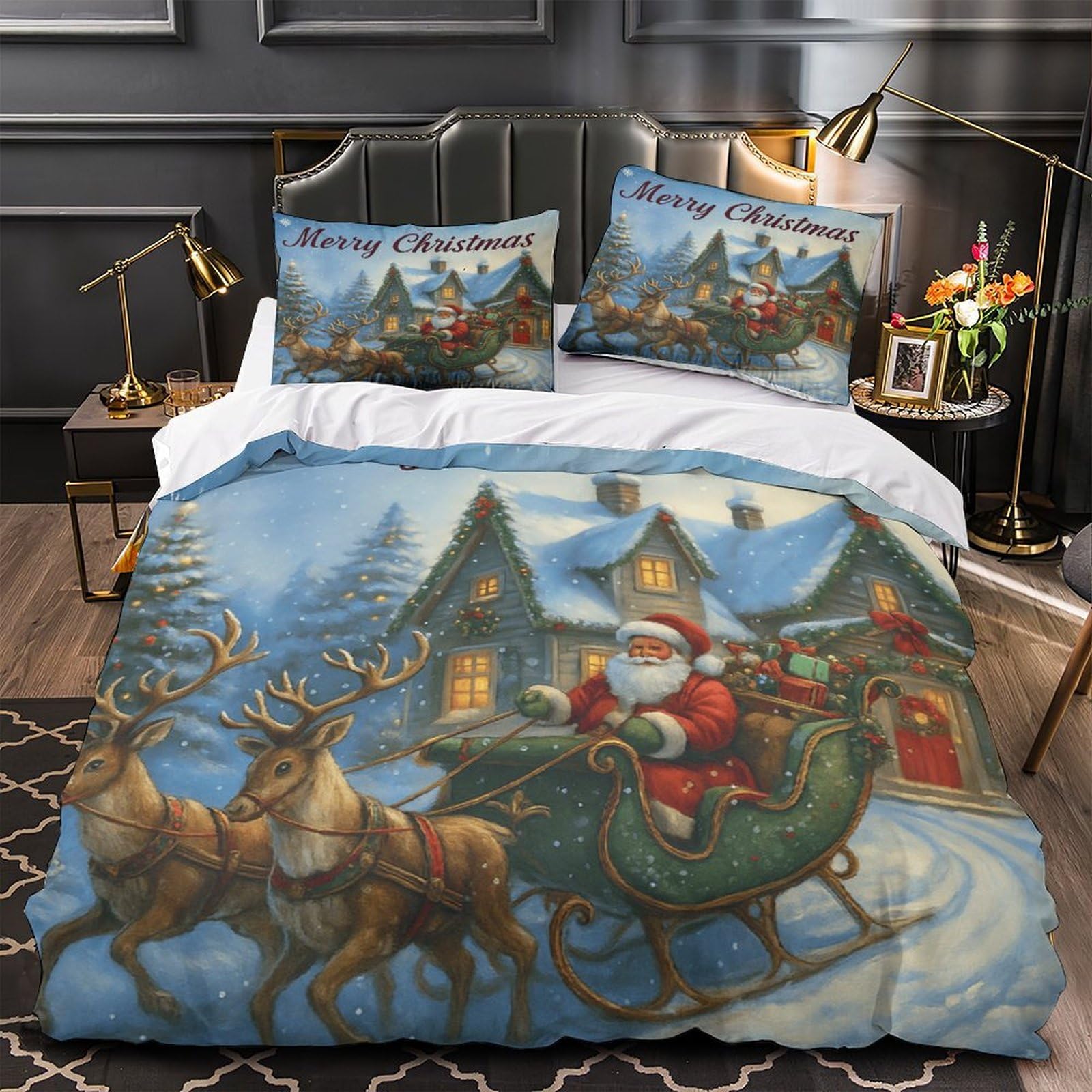 Housse de couette Noël 200x200 parure de lit 3D microfibre