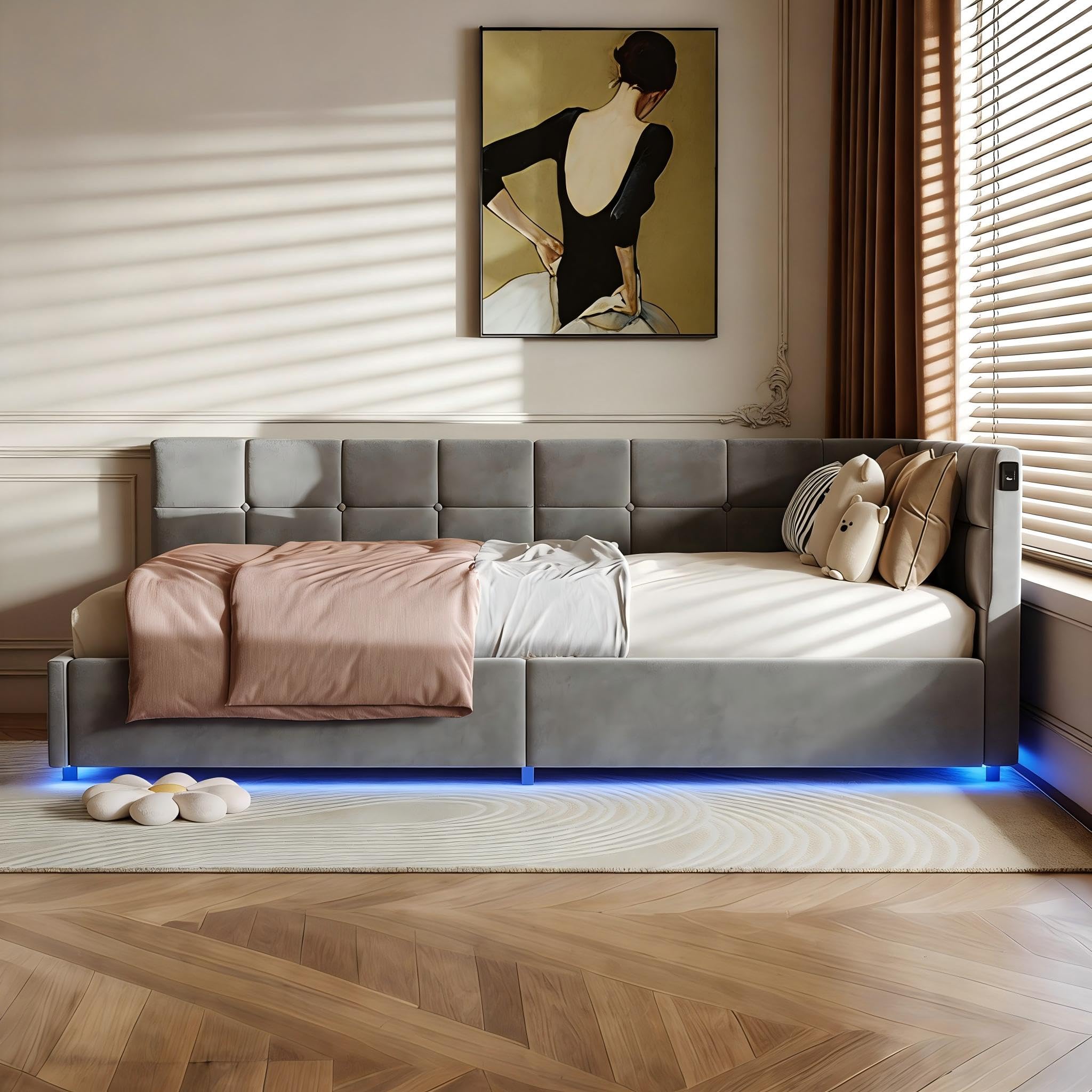 Łóżko tapicerowane 90 x 200 cm, łóżko pojedyncze ze schowkiem 90 x 200 z oświetleniem LED i USB, łóżka z hydrauliczną komorą, rama łóżka z stelażem listwowym, aksamit, szary (szary, 90 x 200 cm)