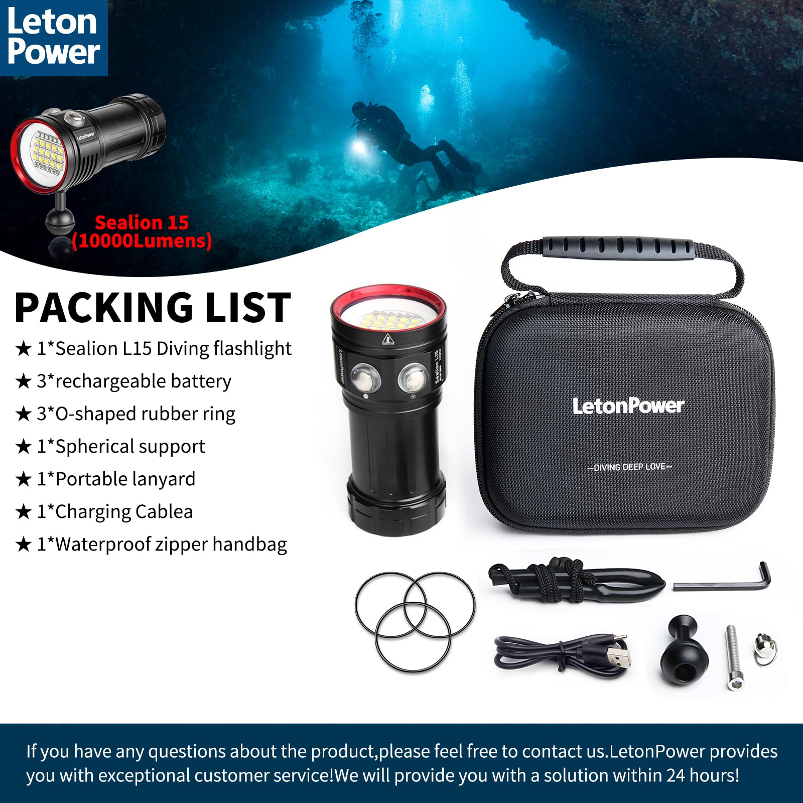 Linterna LetonPower L15 10000Lumens Sumergible buceo, Carga Tipo C, Ideal para Buceo Deportivo, Fotografía y Video