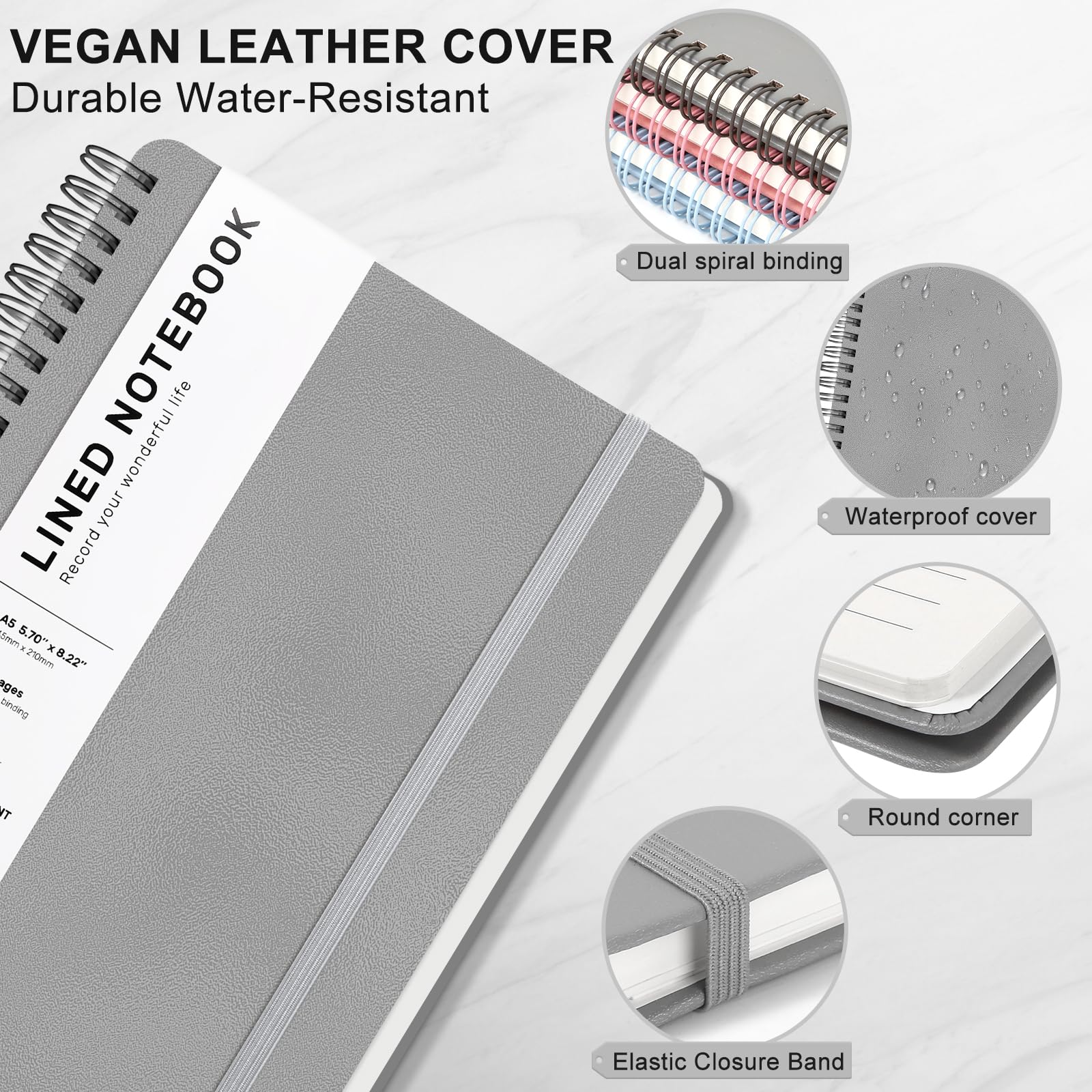 ABERLLS Cuaderno de espiral con rayas grises con 160 páginas, 8 x 5.7 pulgadas, cuaderno en espiral A5, cuadernos de diario para el trabajo, escuela, mujeres, hombres, cuaderno de espiral con rayas