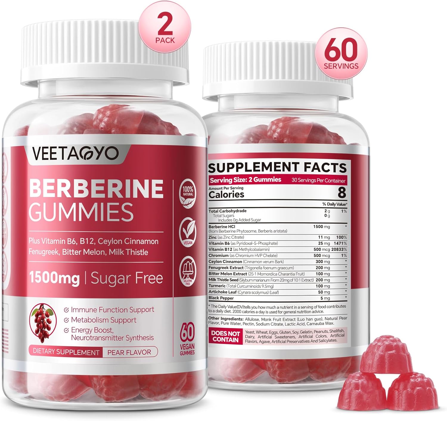 Berberine Supplement Gummies 1500mg,AMPK Activators with Chromium,Ceylon Cinnamon