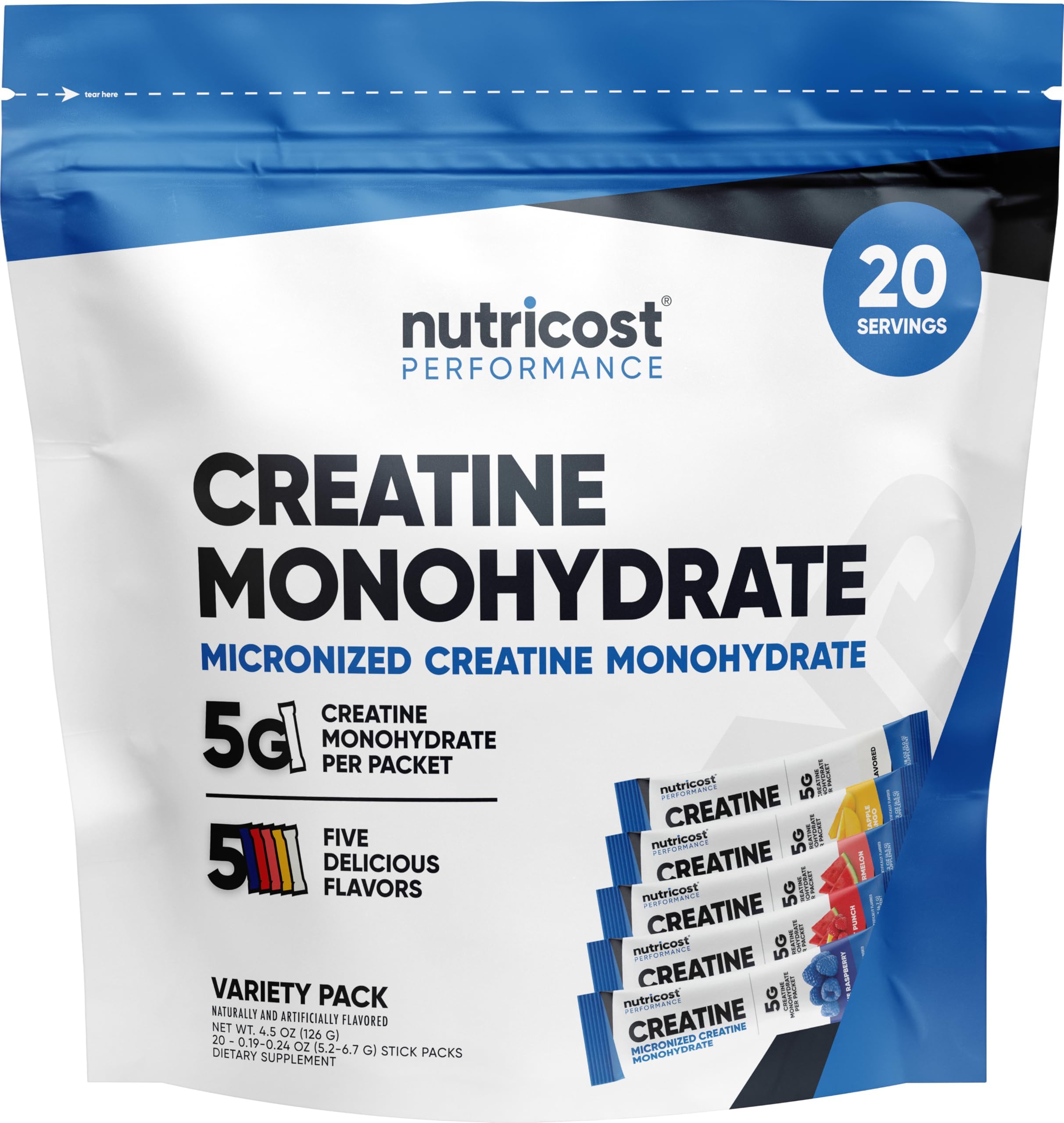 Nutricost Creatine Monohydrate Powder Variety Stickpacks (5 Flavors, 20 Servings) - Micronized, 5 Grams of Creatine Monohydrate Per Pack