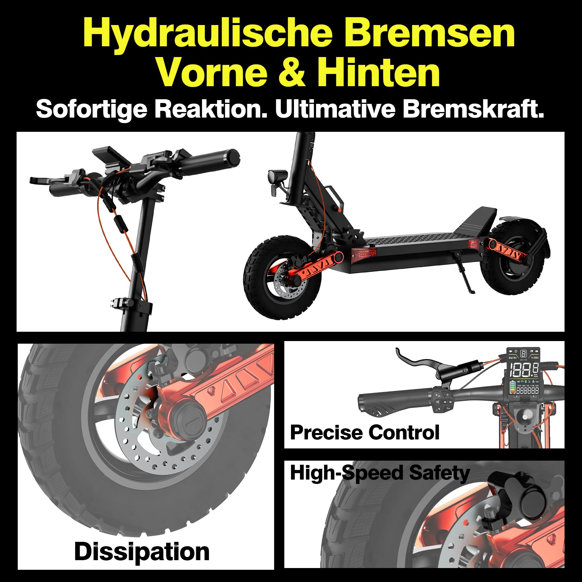Trottinette Électrique Adulte, Batterie 48V 26Ah, Autonomie Jusqu’à 80 km, Freins Hydrauliques, Pneus Tout-Terrain 10", Double Suspension, Châssis en Aluminium