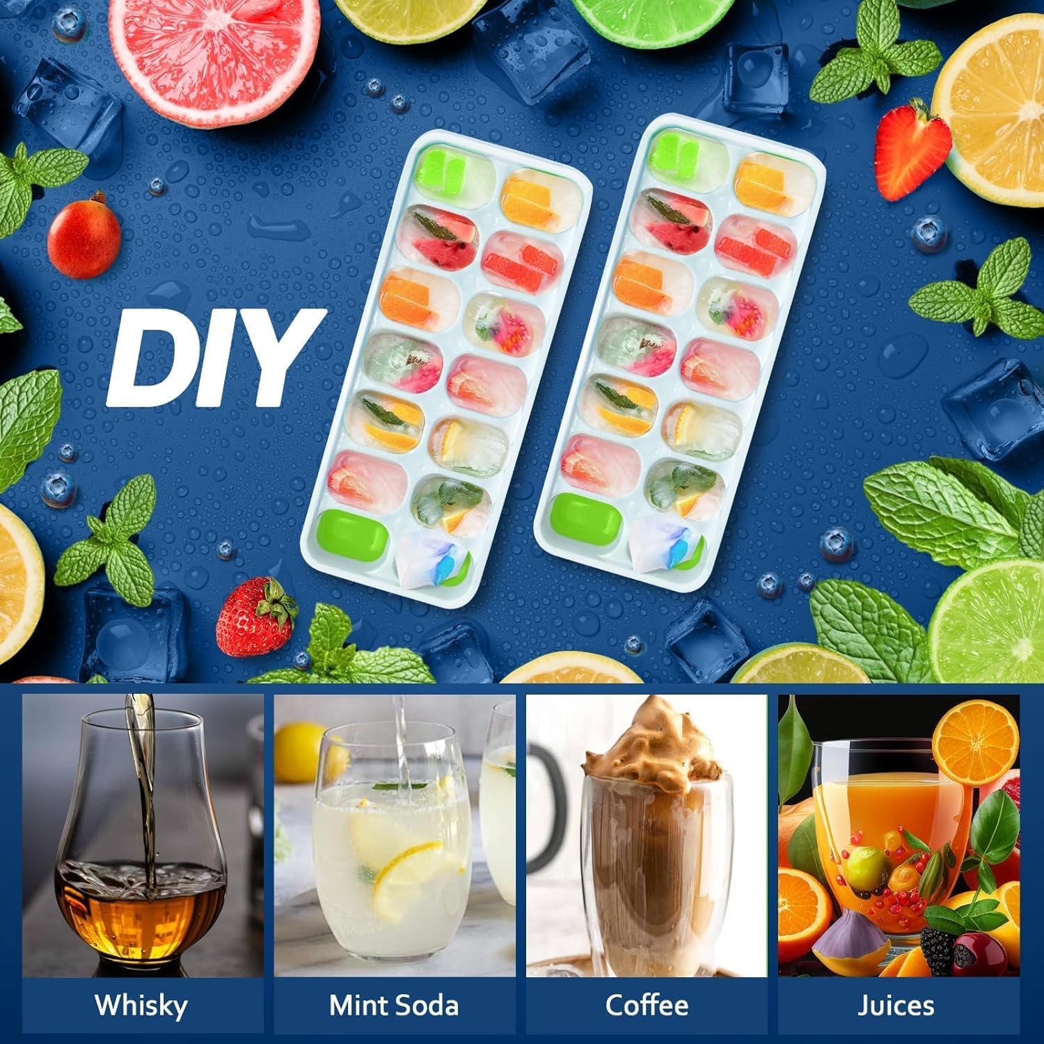 Ice Cube Tray with Lid and Bin – Staable 4 Trays Silicone Plastic
