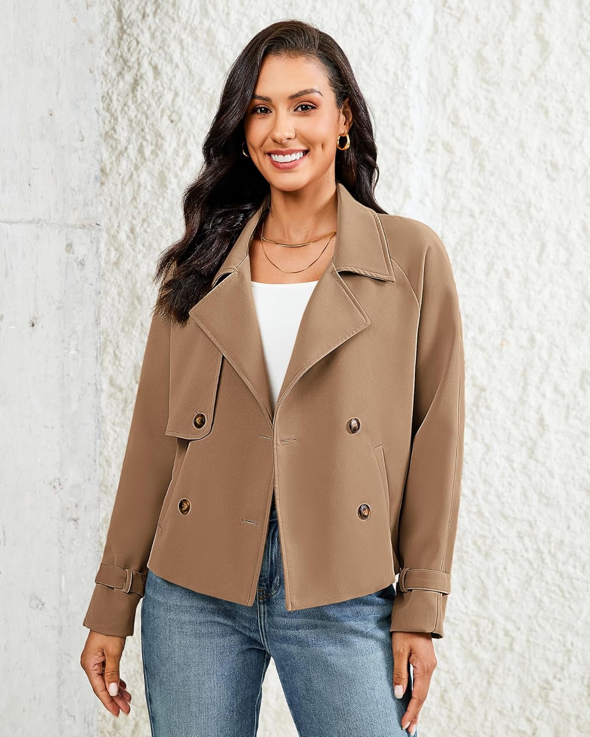 LookbookStore Cropped Trench Coat for Women Double Breasted Long Sleeve Work Office Business Casual Fall Short Jackets - Image 3