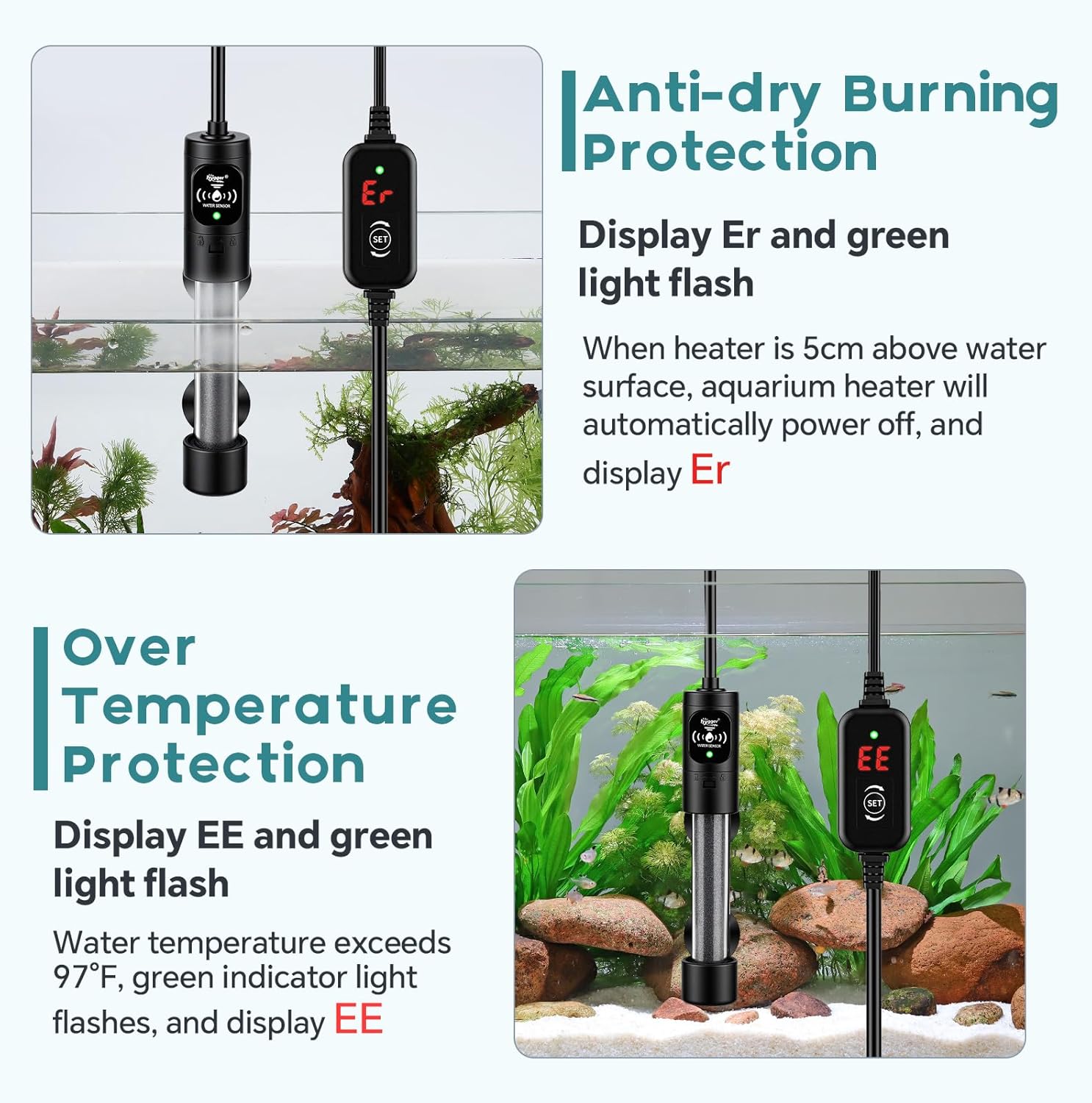 Image showing the hygger aquarium heater displaying 'Er' error code when partially out of water, demonstrating dry-run protection.