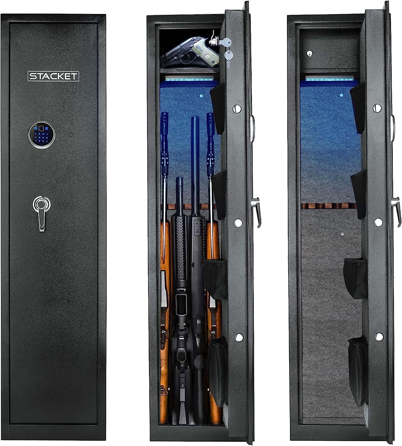 STACKET Large Rifle Gun Safe Cabinet - Heavy Duty Storage for Guns, Pistols & Firearms with Wooden Stylish Gun Rack, Electronic Password & Biometric Access with Sensor LED Light and Top Lock Box