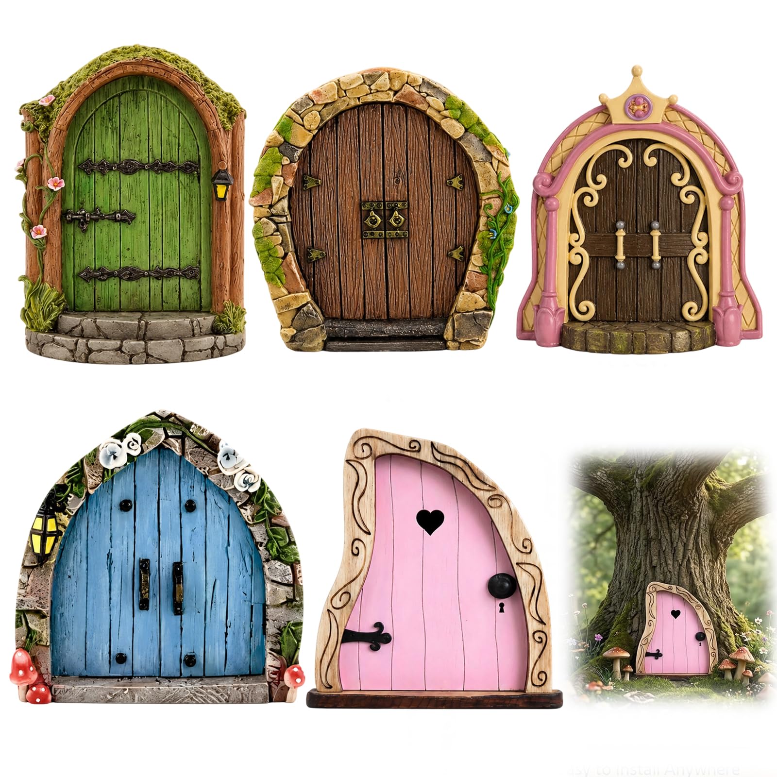Fairy Door for Garden, Fairy Garden Accessories Set of Five, Decorative Fairy Doors for Trees and Outdoor Spaces, Ten Centimetre fairy Doors for Creative Displays
