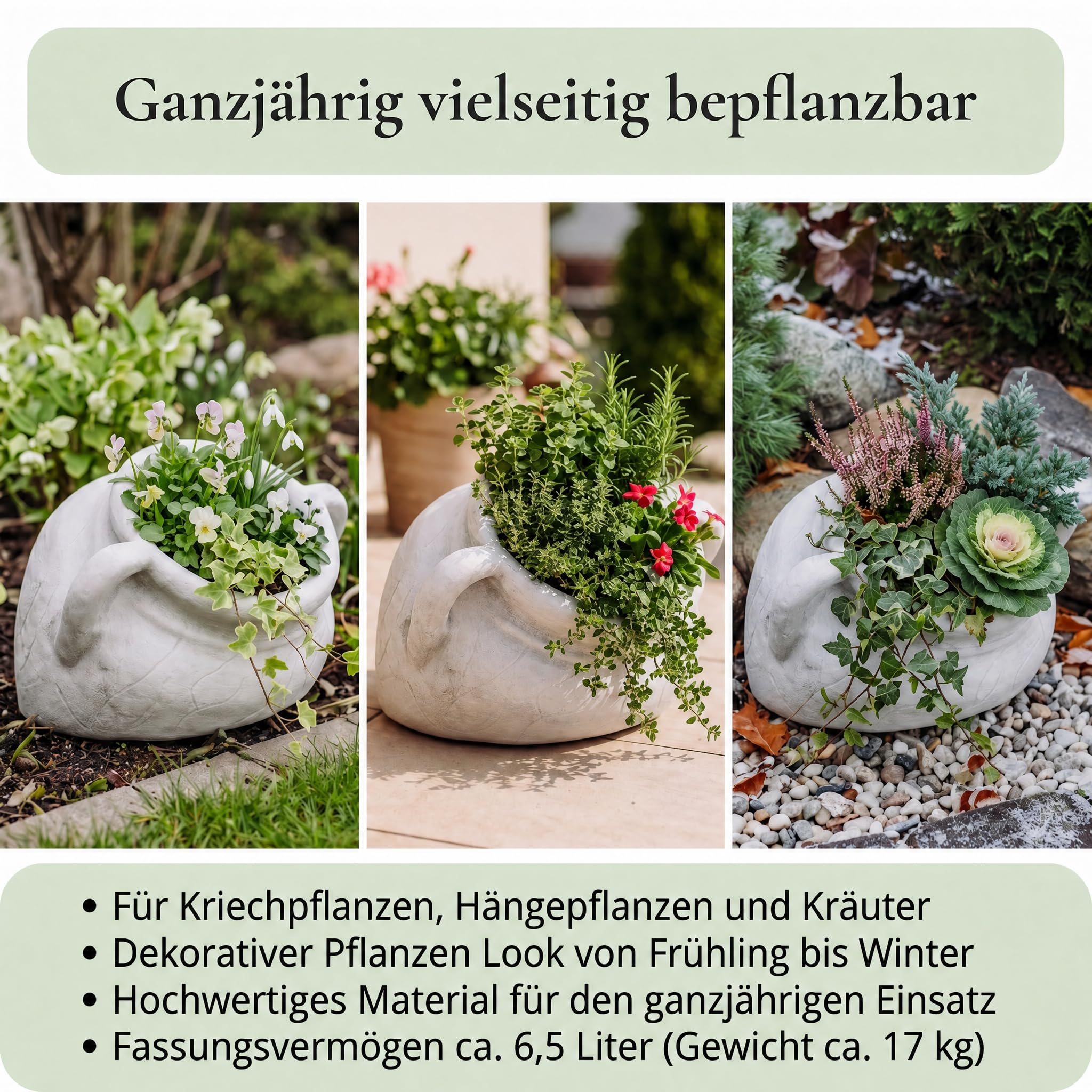 gartendekoparadies.de liegende Amphore, Blumentopf aus Steinguss, H 28 cm, Öffnung Ø 20 cm, Volumen ca. 6,5 l, 17 kg, frostbeständig bis -30 °C, Grau, Pflanzgefäß als Gartendeko