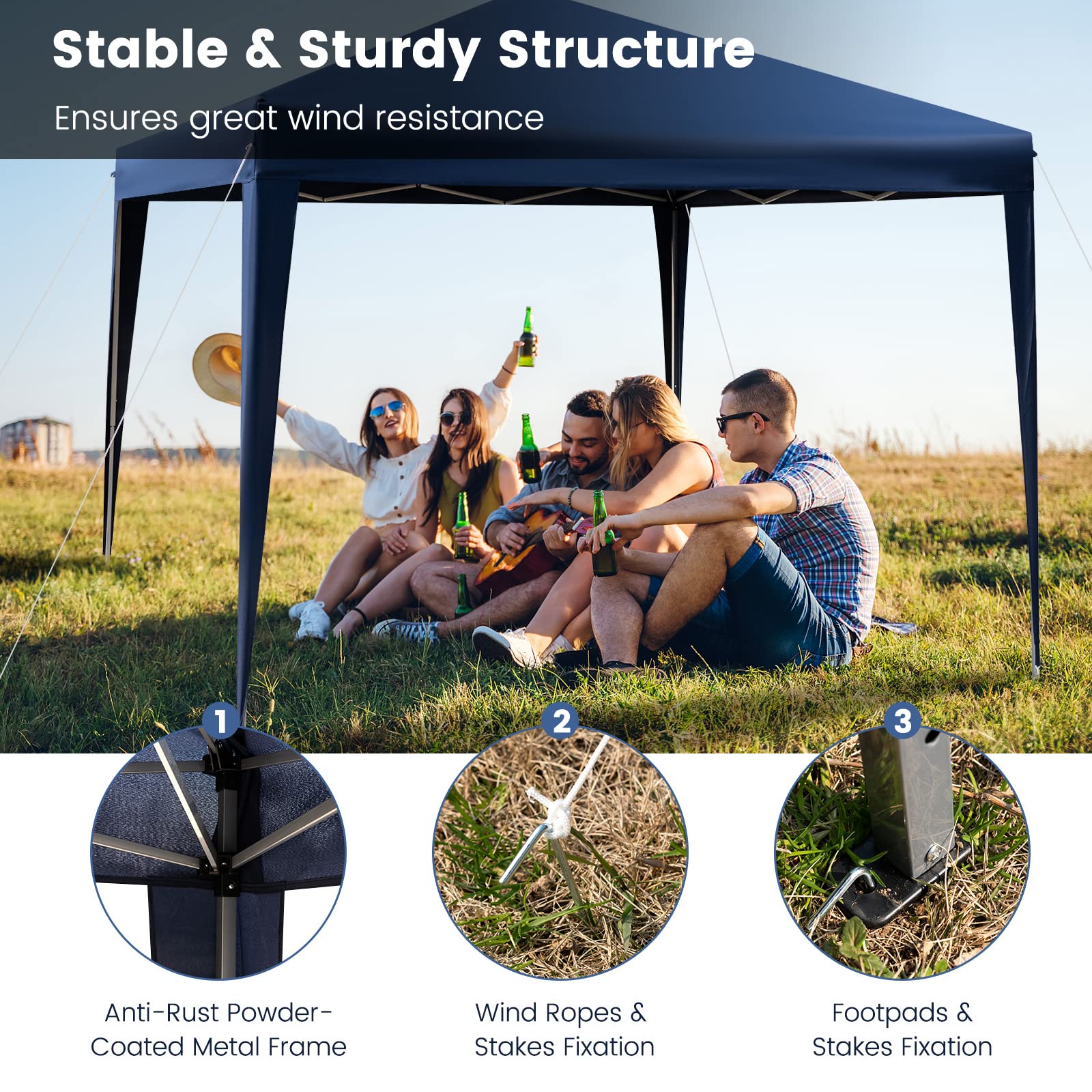 GOPLUS Tonnelle Pliante 3x3, Barnum Pliable de Jardin Extérieur avec Sac de Rangement, 249/252/255CM,pour Camping, Barbecues, Pique-niques, Fêtes (Bleu)