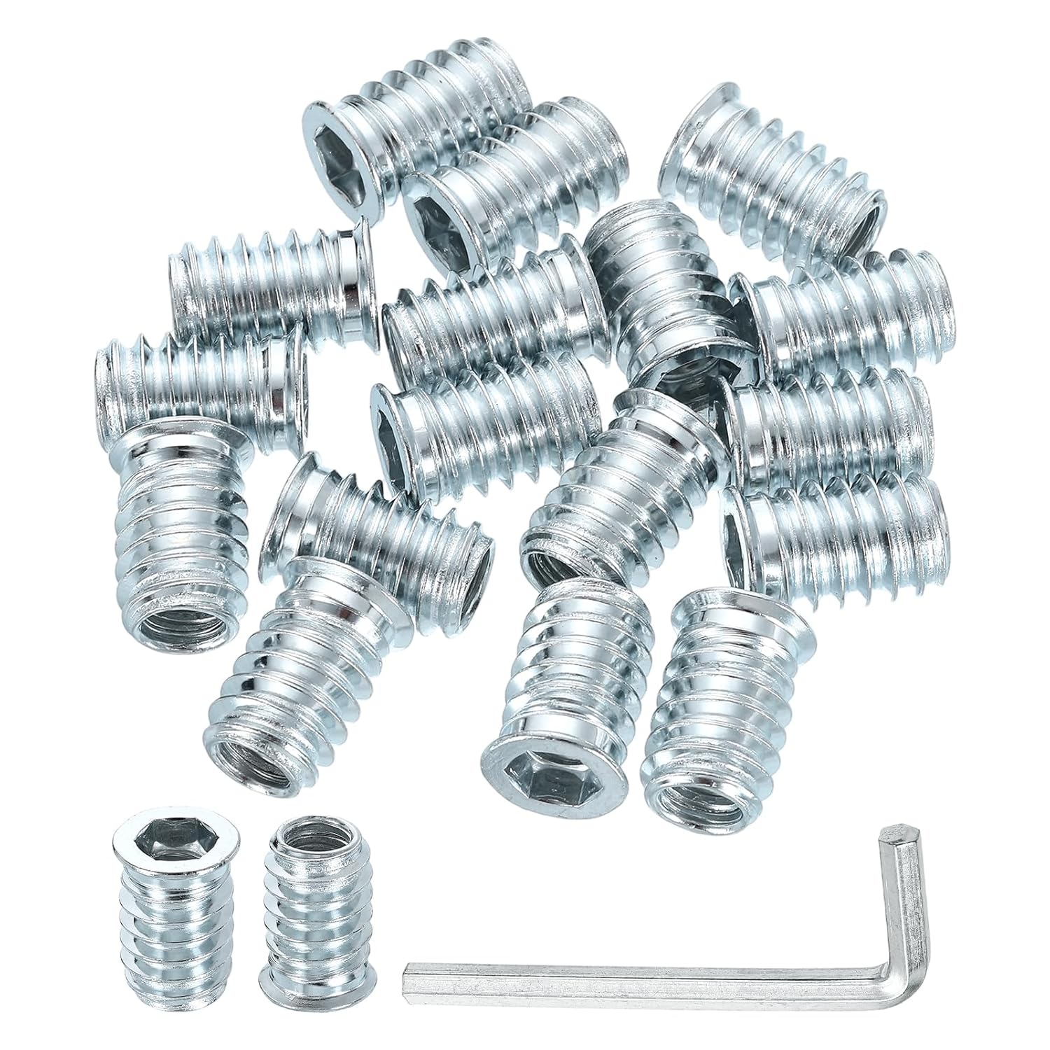 uxcell 100 Pcs Threaded Insert for Wood, 5/16" - 18 Carbon Steel Threaded Studs Hex Socket Drive Nut Inserts Screw in Nut Fastener Connector with Hex Wrench 20mm Length for Home, Silver