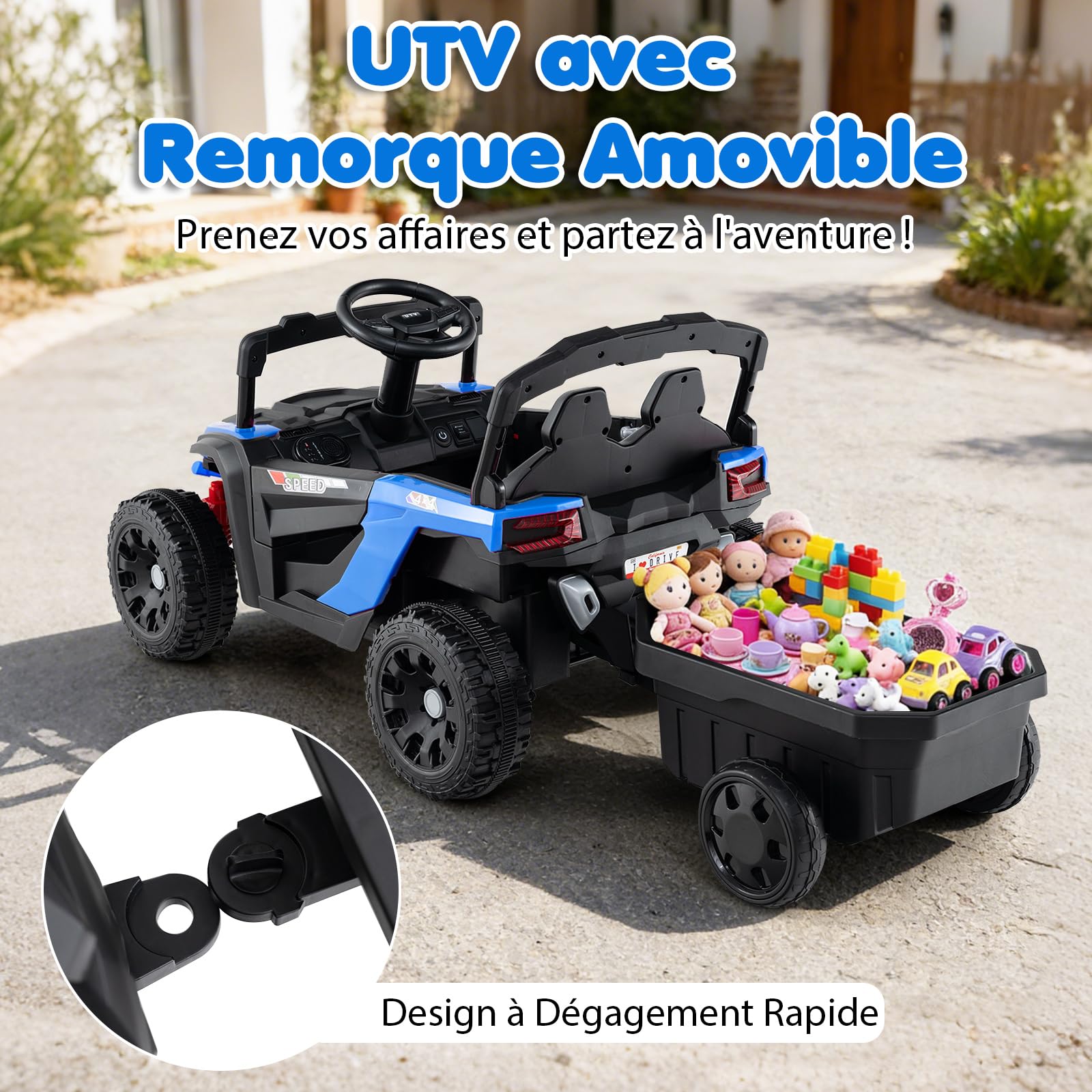 DREAMADE Tracteur Électrique Enfant 12V avec Remorque Détachable, Télécommande Parentale 3 Vitesses, Suspensions, Lumières LED & Musique, Voiture à Batterie pour Enfants 3+ Ans (Bleu)
