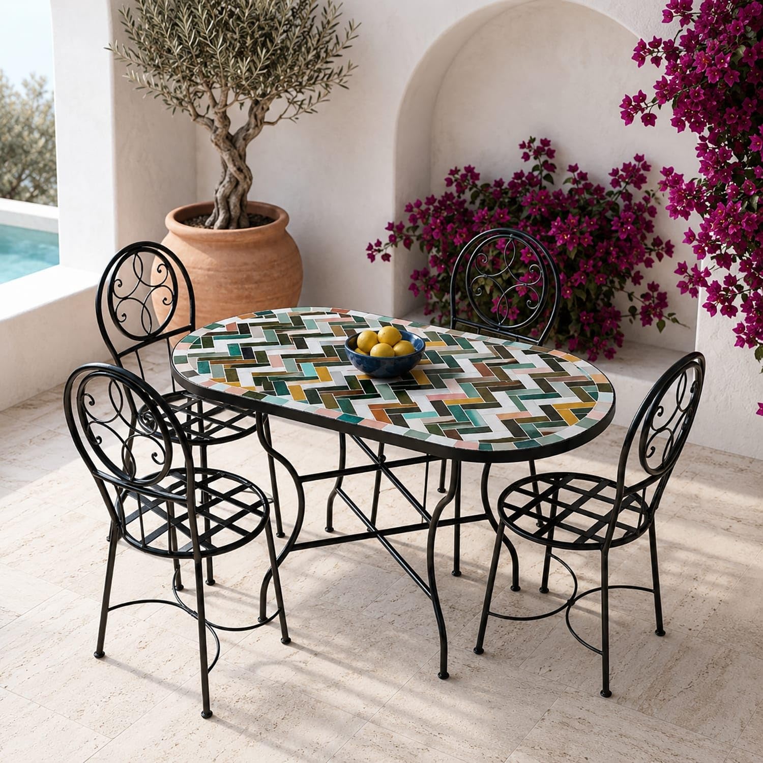 Generico Tavolo in Ferro Battuto con Mosaico Multicolore in Pietra Naturale + 4 Sedie-Fatto a Mano-Arredo Interno ed Esterno-2306261200