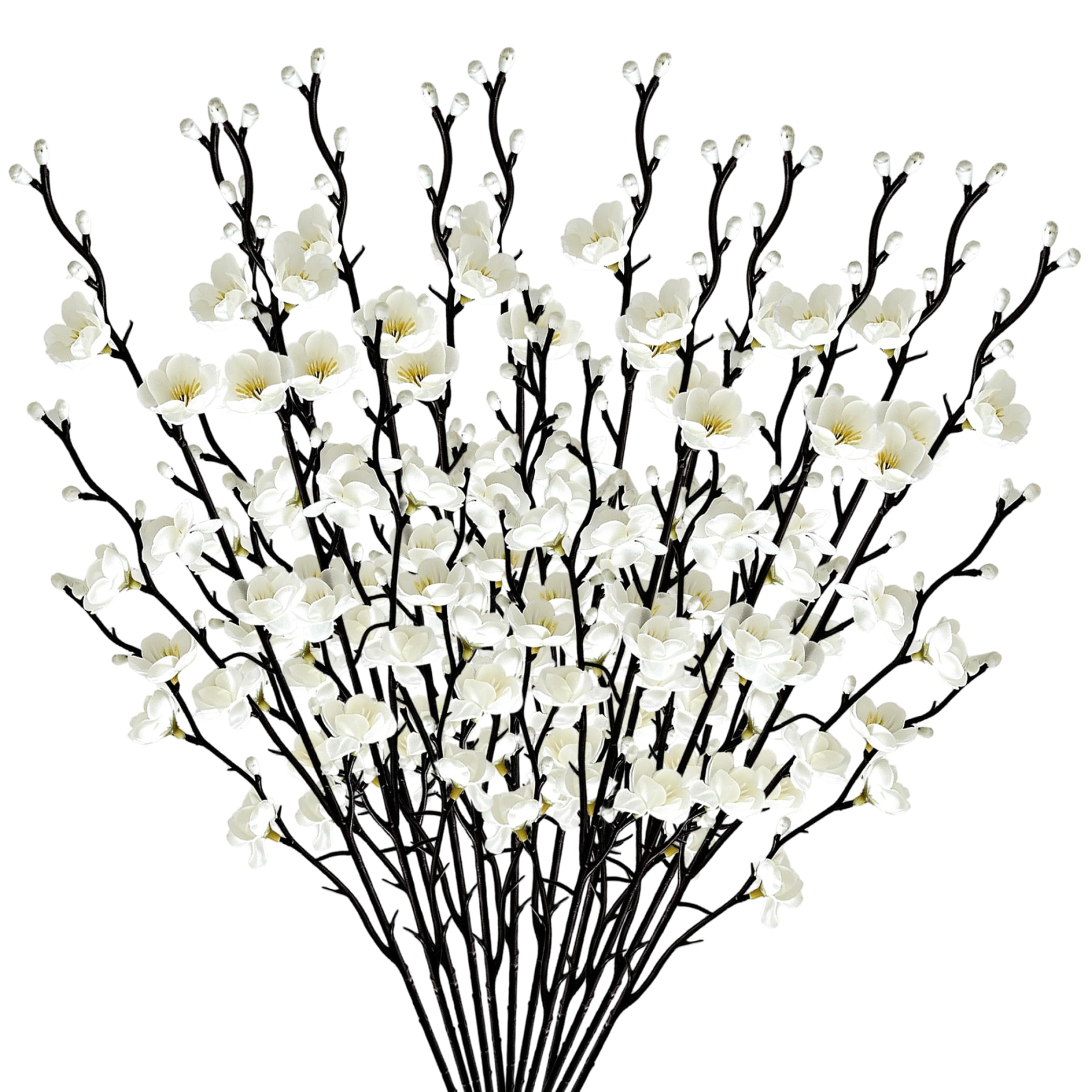 Faroby 12 Pcs Plum Blossom Faux Branches For Vase, Artificial Stems With Dark Stems & Buds, White, Plum Blossom